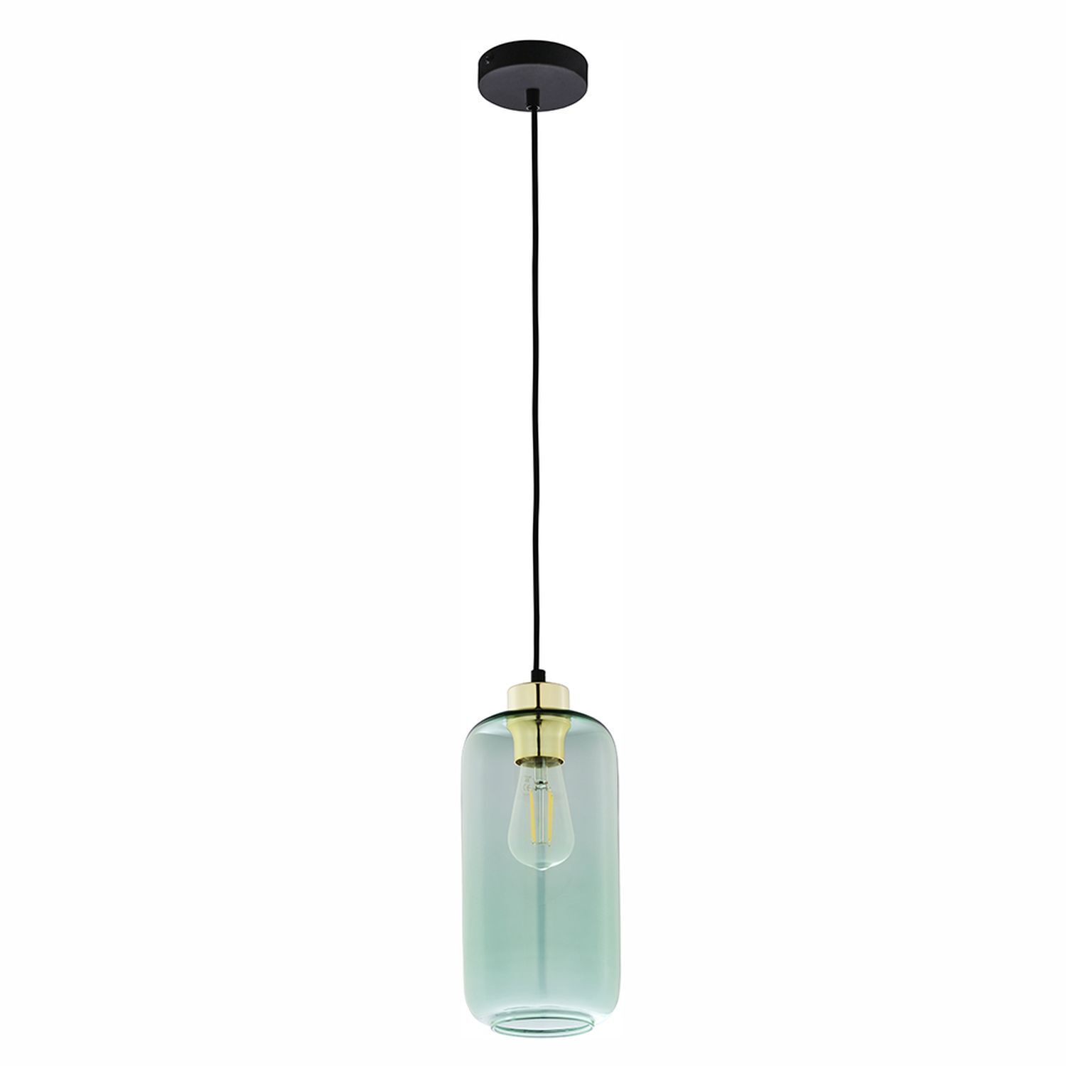 le73063-pendelleuchte-haengelampe-glas-schirm-gruen-gold-e27-d-13-cm-kueche-esszimmer-1 pendant lights, glass shade, petrol green, Edison bulb, black cord