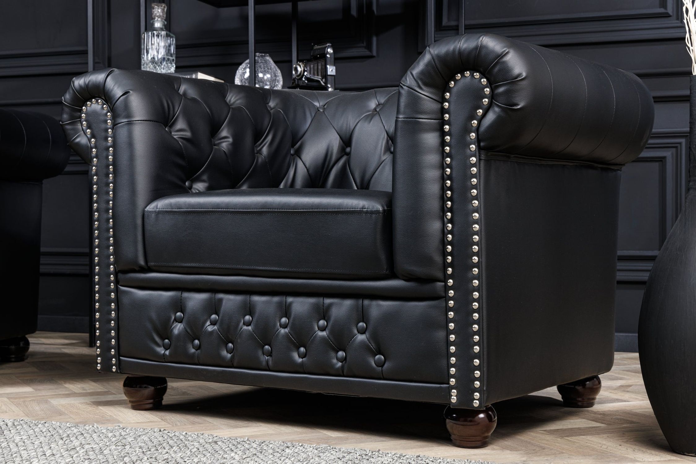 Sessel Kunstleder Schwarz Braun B: 110 cm Chesterfield Moebel, Stuhl, Sessel