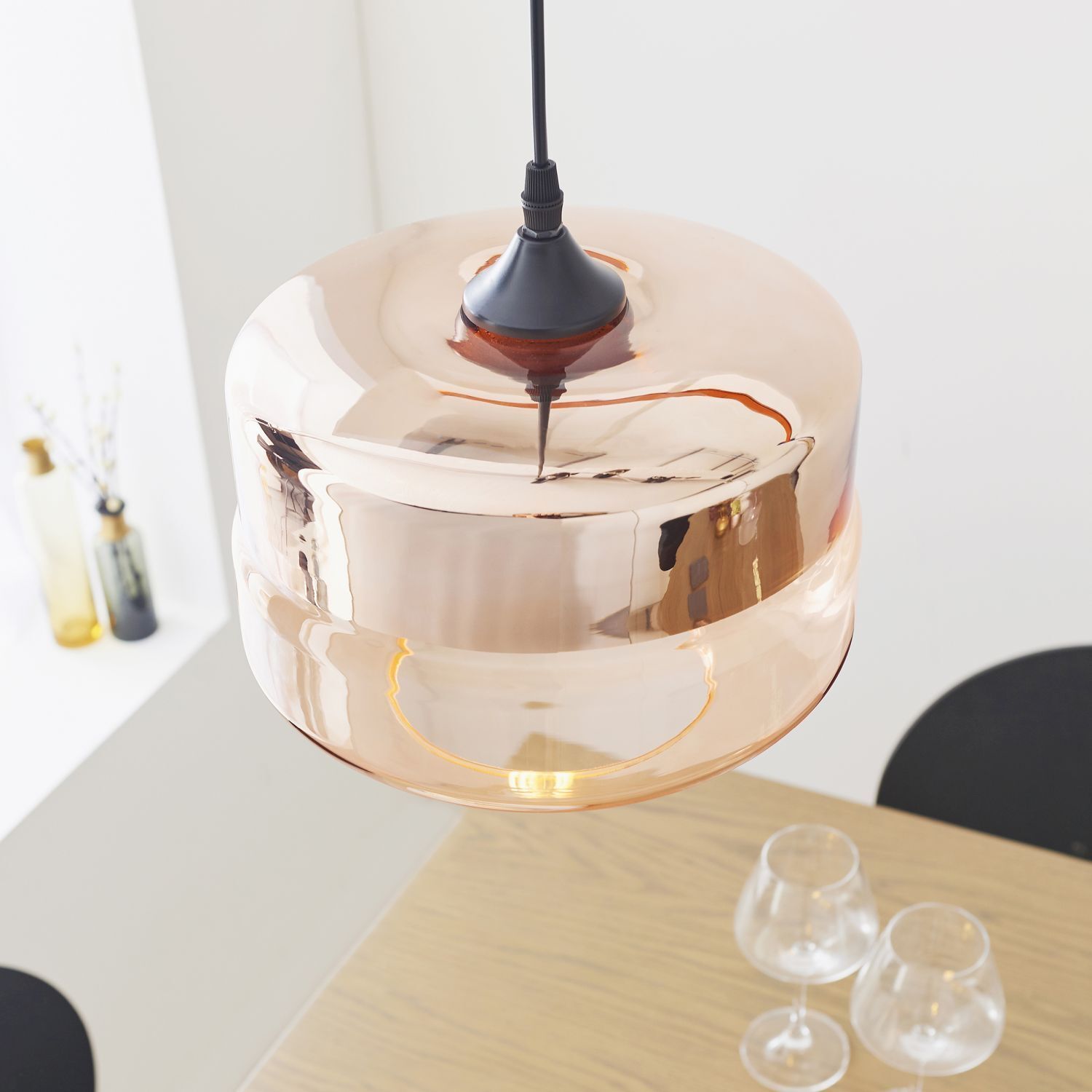 Lampe à suspendre verre fumé métal Ø 24,6cm rond noir cuivre E27