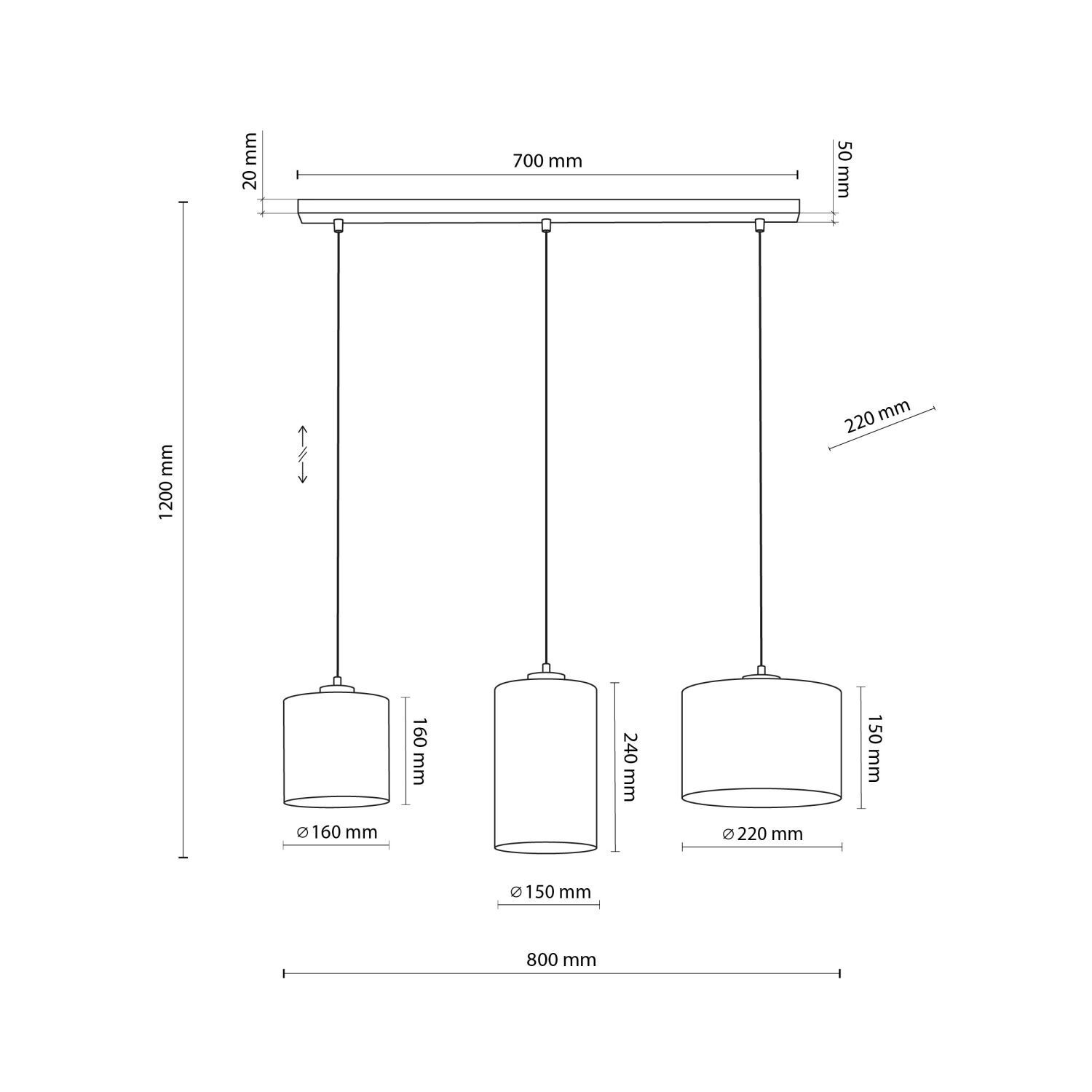 Suspension 3 flammes tissu métal L : 79 cm E27 Boho