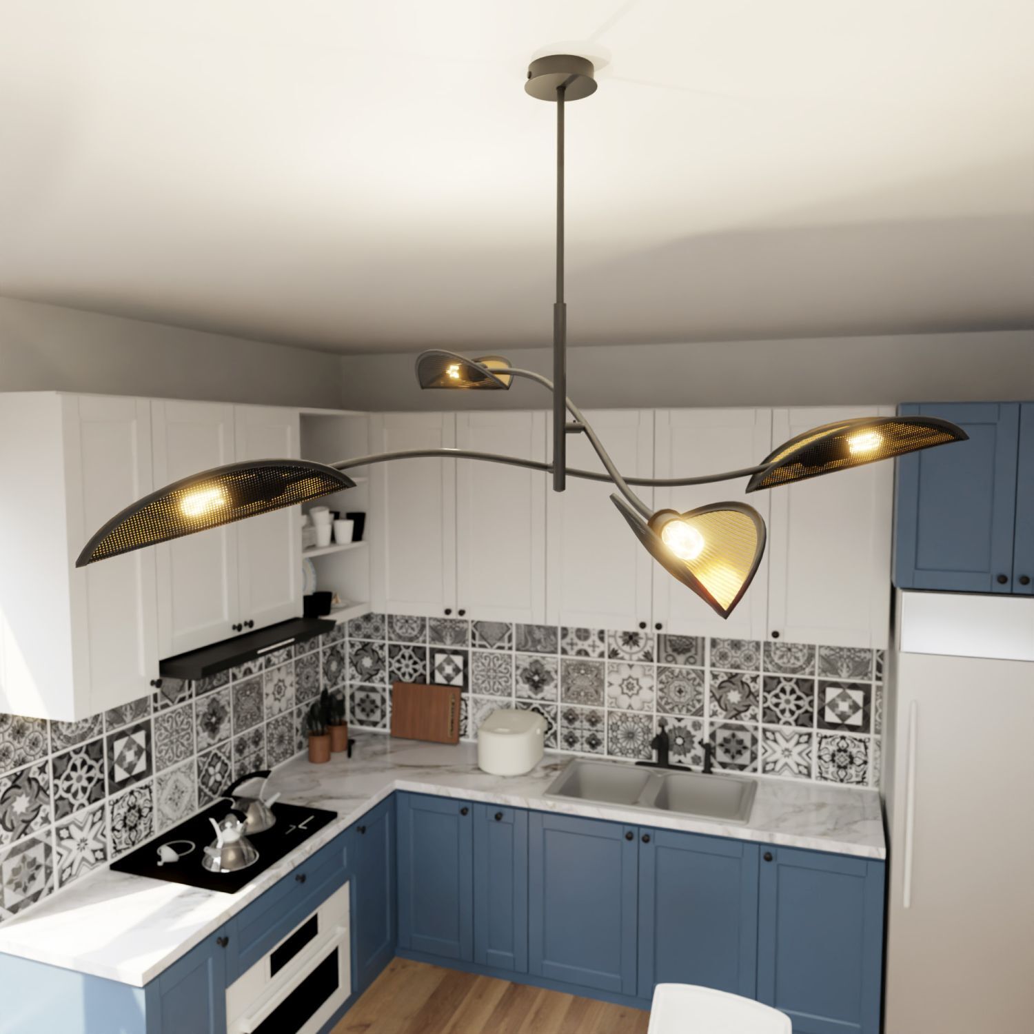deckenleuchte-wohnzimmerlampe-modern-deckenleuchte-gold-becka-4x-e14-bis-10w-schwarz-gold-modern-design-le111095-04 kitchen, pendant light, blue cabinets, tile backsplash, stove