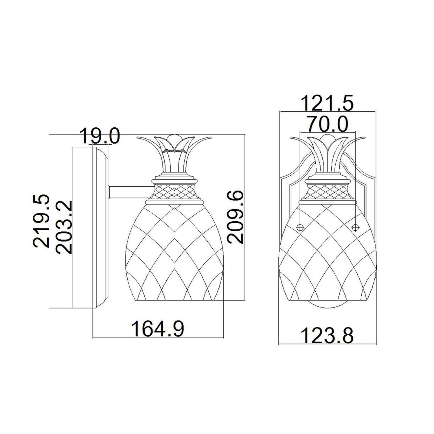 Ananas-Wandlampe, Ananas-Leuchte, Wandlicht, Glasschirm, Maßzeichnung
