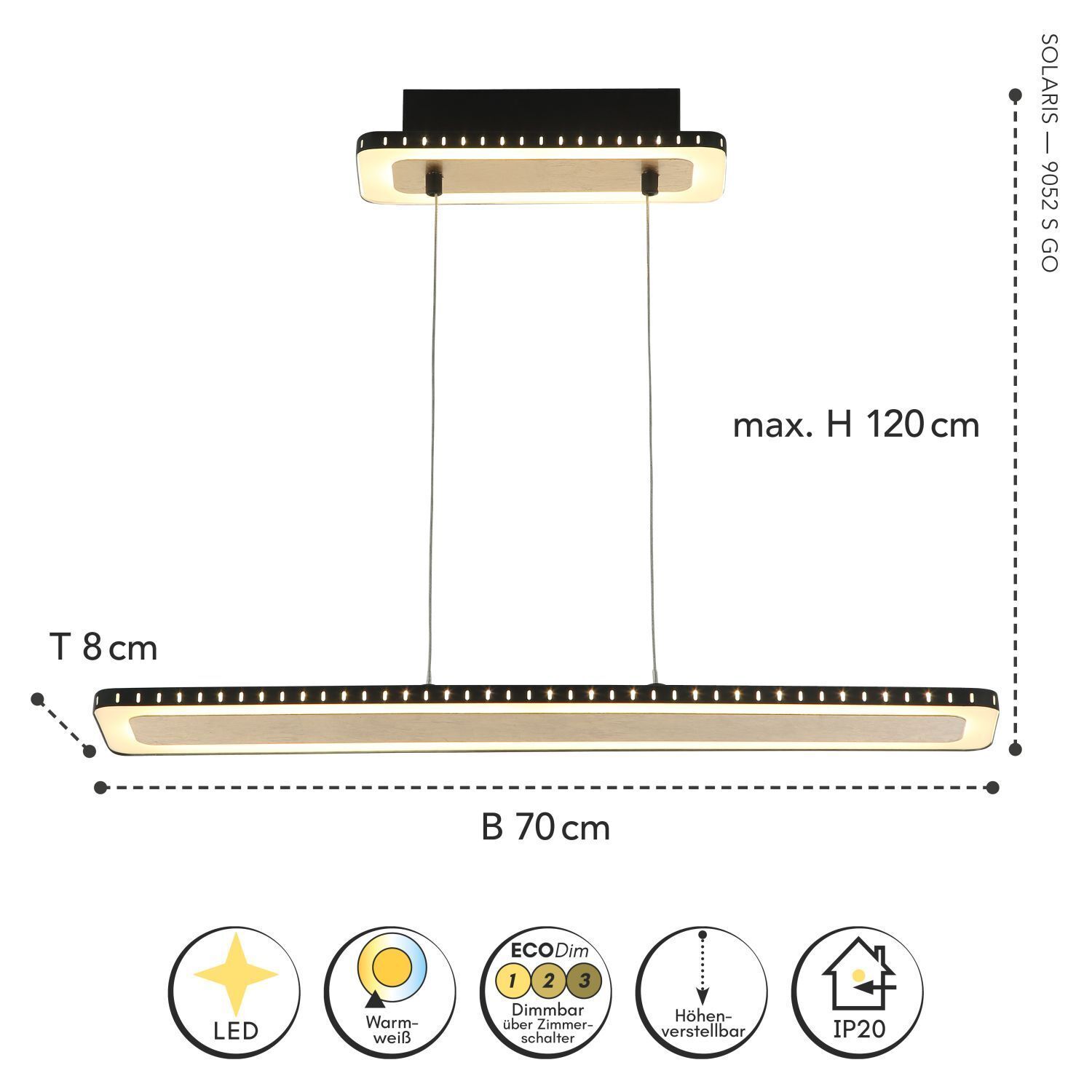 Lampe LED suspendue aluminium or noir 3000 K 70 cm
