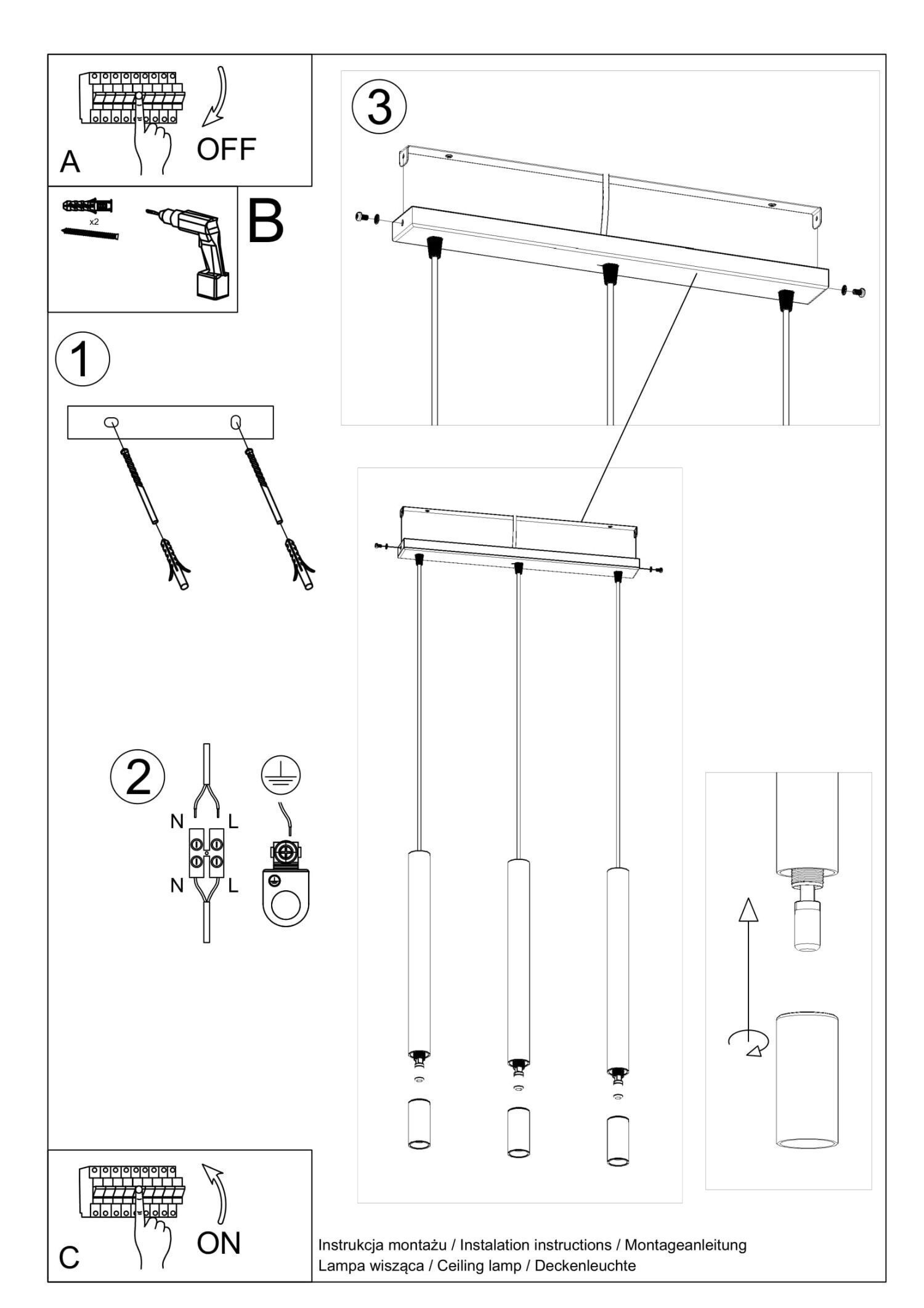 Hängelampe Schwarz Metall Glas 3-flammig G9 schmal Diagramm, Handlung