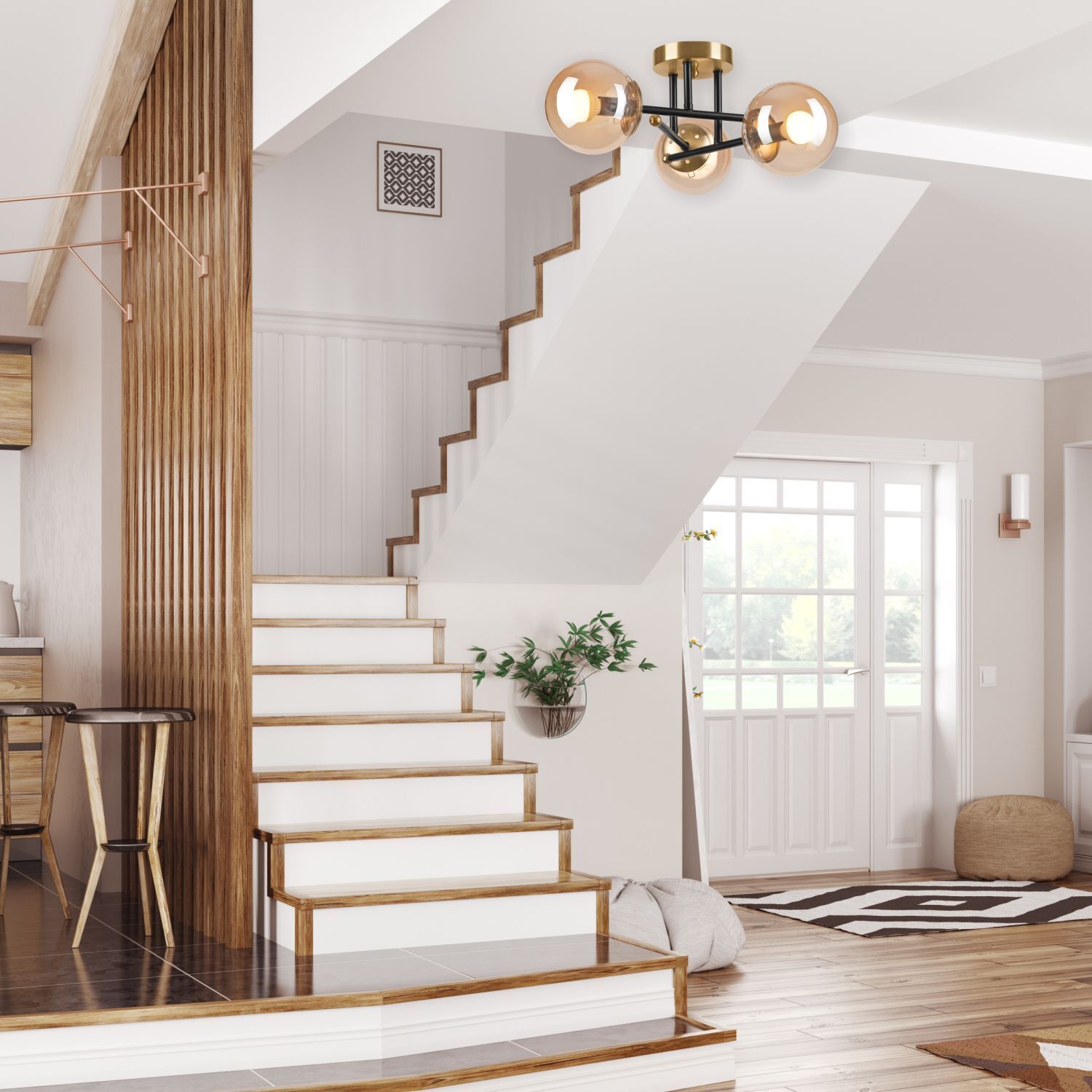 Blendarme Deckenleuchte in Gold Glas Metall 3-flammig Foyer, Drinnen, Stuhl, Mobiliar, Innenarchitektur