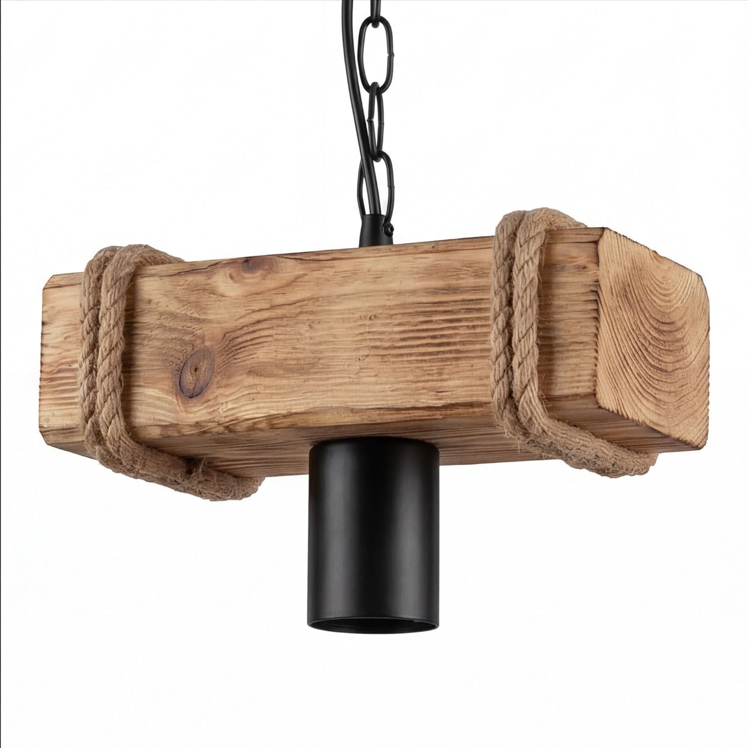 Holzpendel, Deckenlampe, Hängelampe, Holzblock, Schwarz Metall