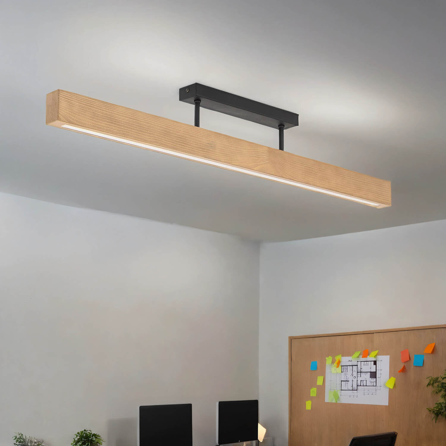 Plafonnier LED bois métal 96 cm de long H : 16,5 cm 3000 K