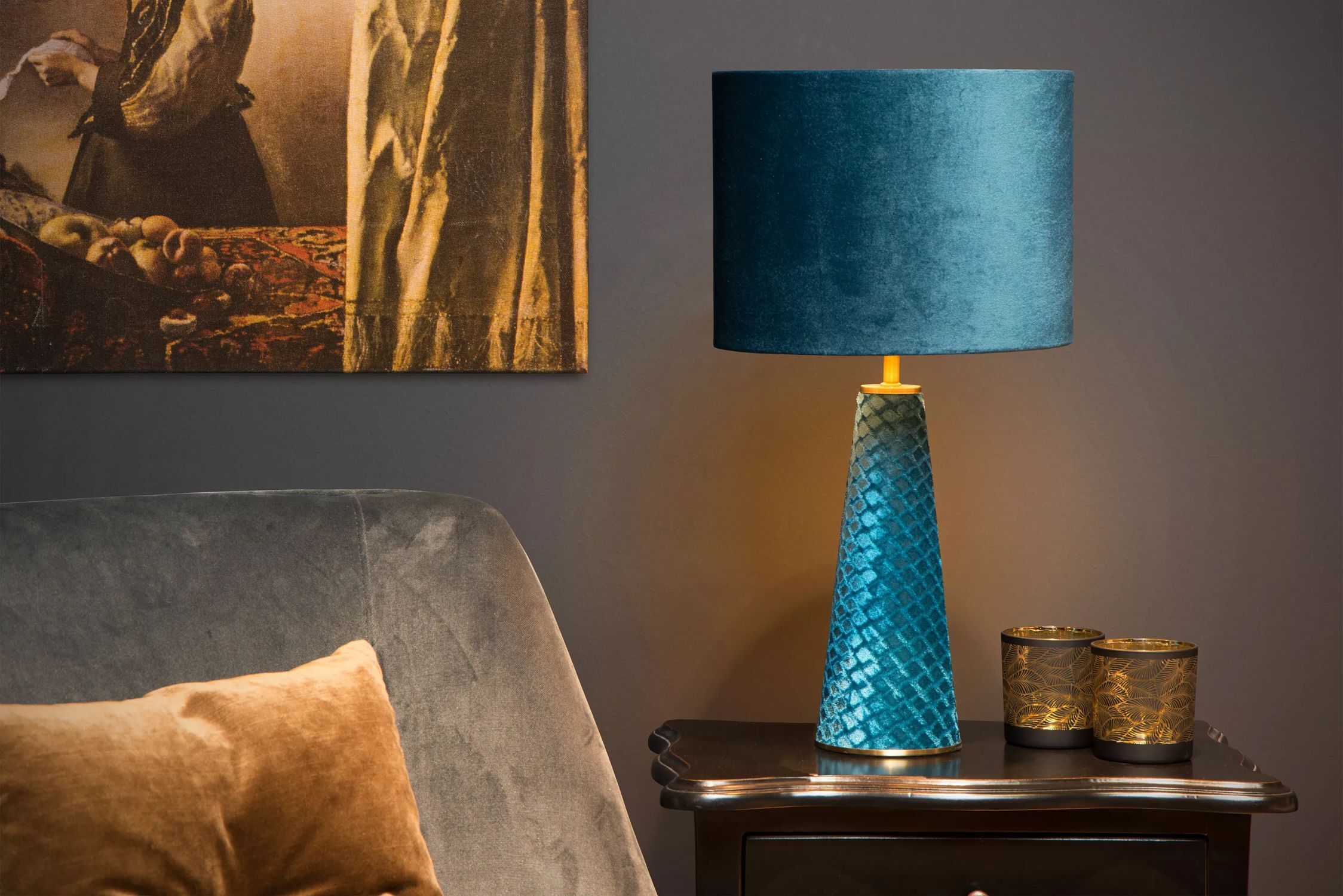 Tischleuchte Modern Stoff Metall Türkis 47 cm E27 rund Lampe, Erwachsener, Weiblich, Person, Frau