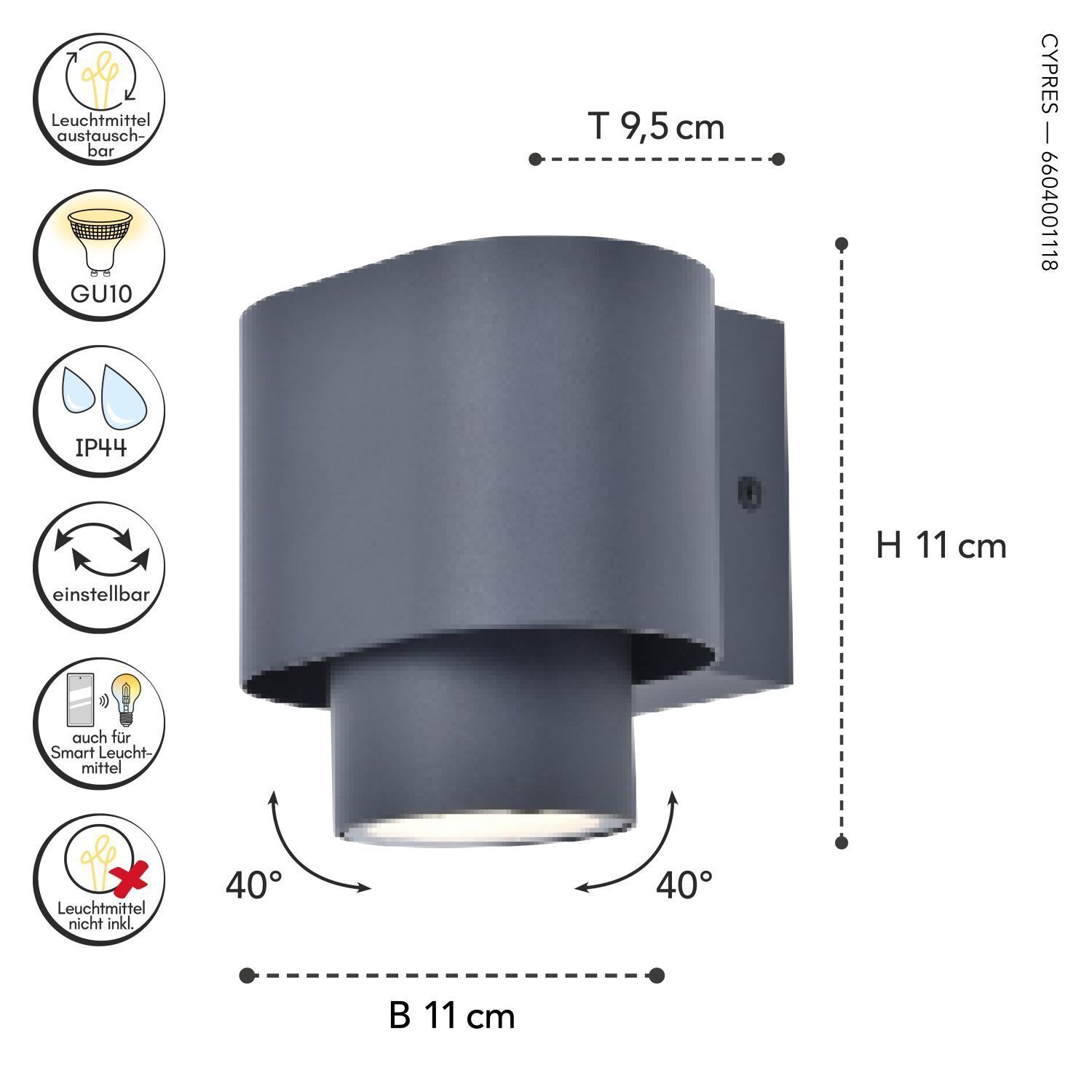 Wandspot Anthrazit Aluminium H:10 cm IP44 GU10 flexibel