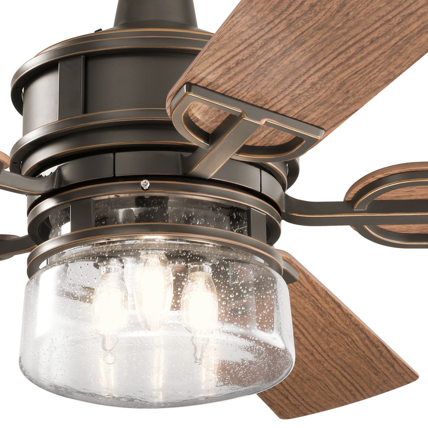 deckenventilator, holz, bronze, gläserner lampenschirm, e14-lampe