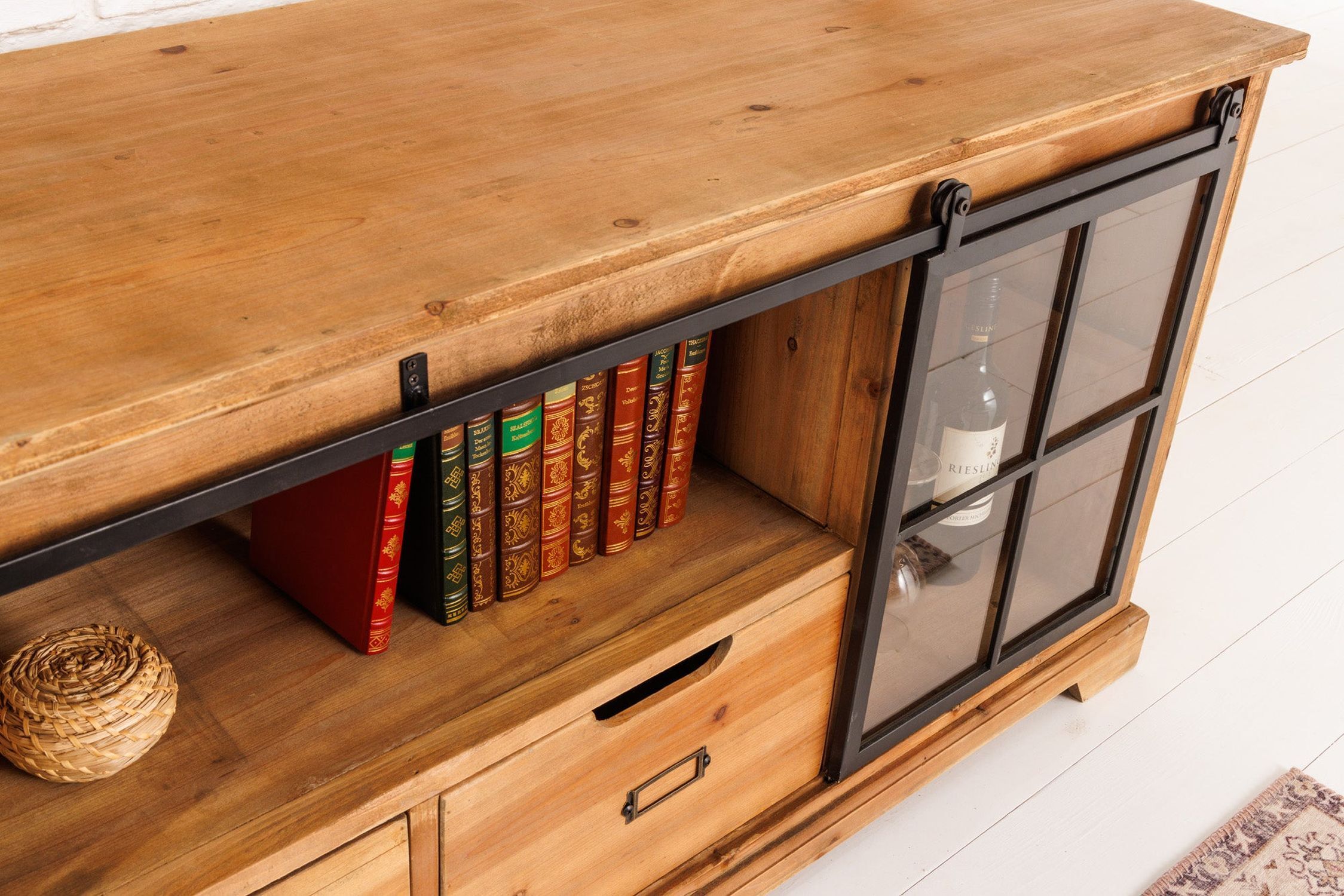 TV Lowboard Holz Glas Metall Rustikal 160 cm Schiebetüren Hartholz, Holz, Gebeiztes Holz, Innenarchitektur, Anrichte