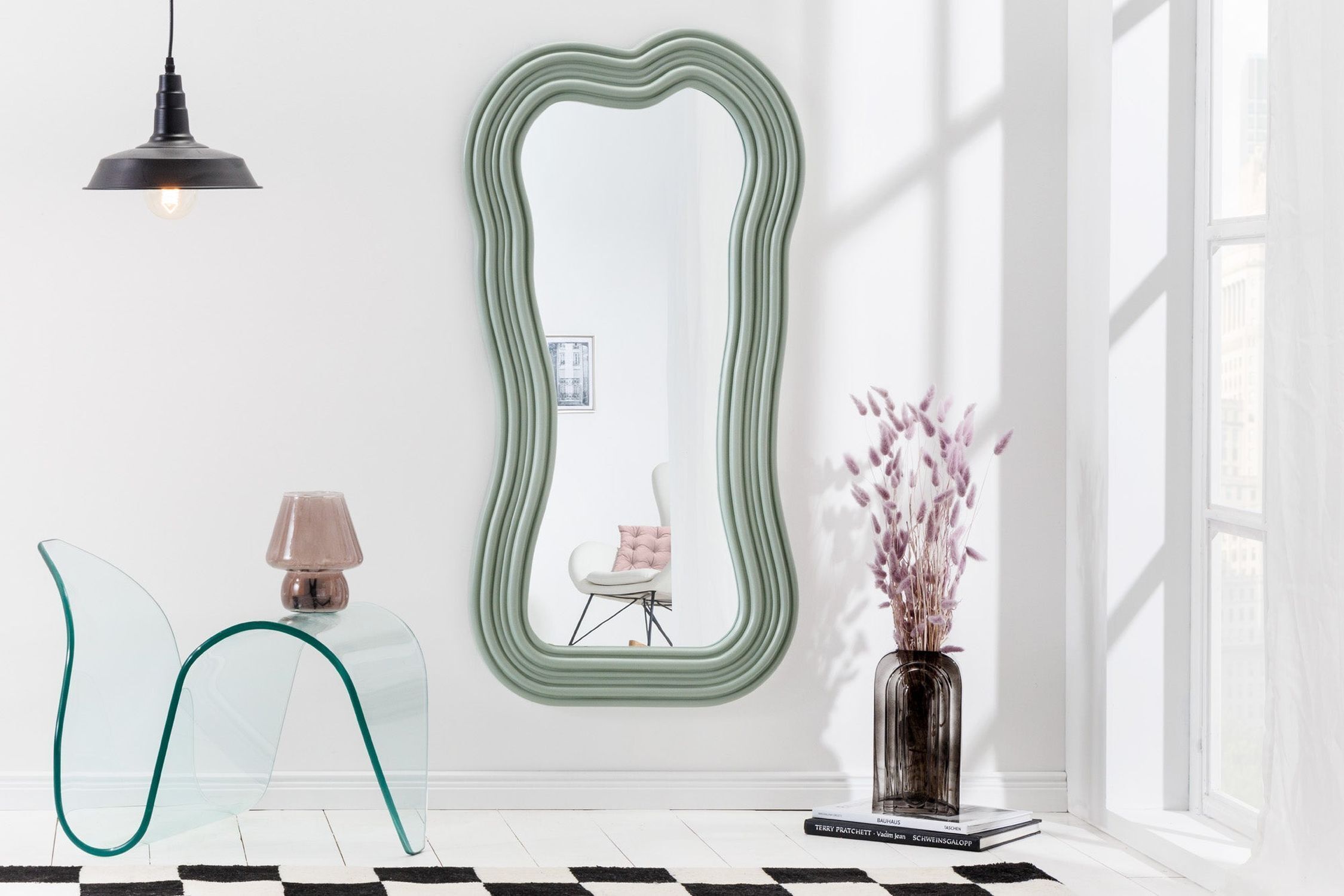 Grand miroir mural H : 100 cm cadre asymétrique vert Lampe, Drinnen, Innenarchitektur