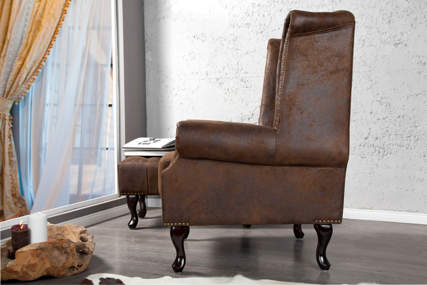 Fauteuil microfibre bois 45 cm en brun antique