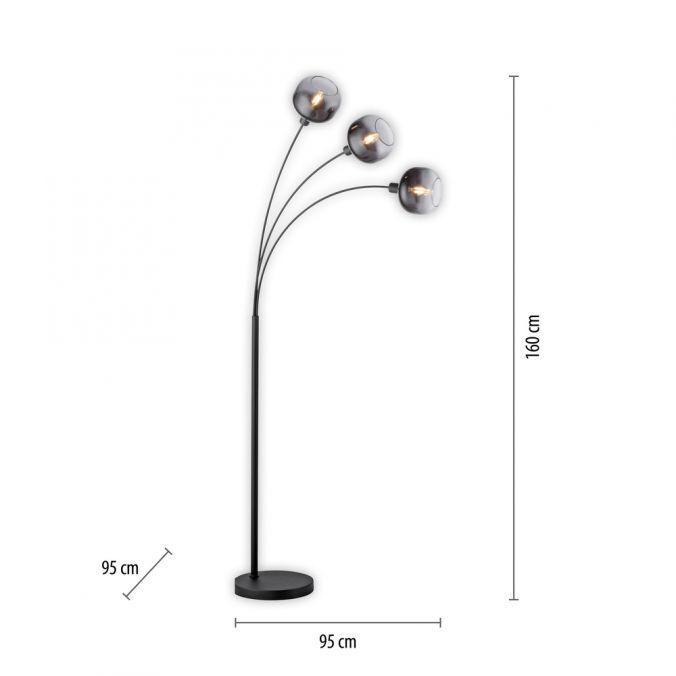 Lampadaire verre métal gris fumé noir E14 hauteur 160 cm Lampe