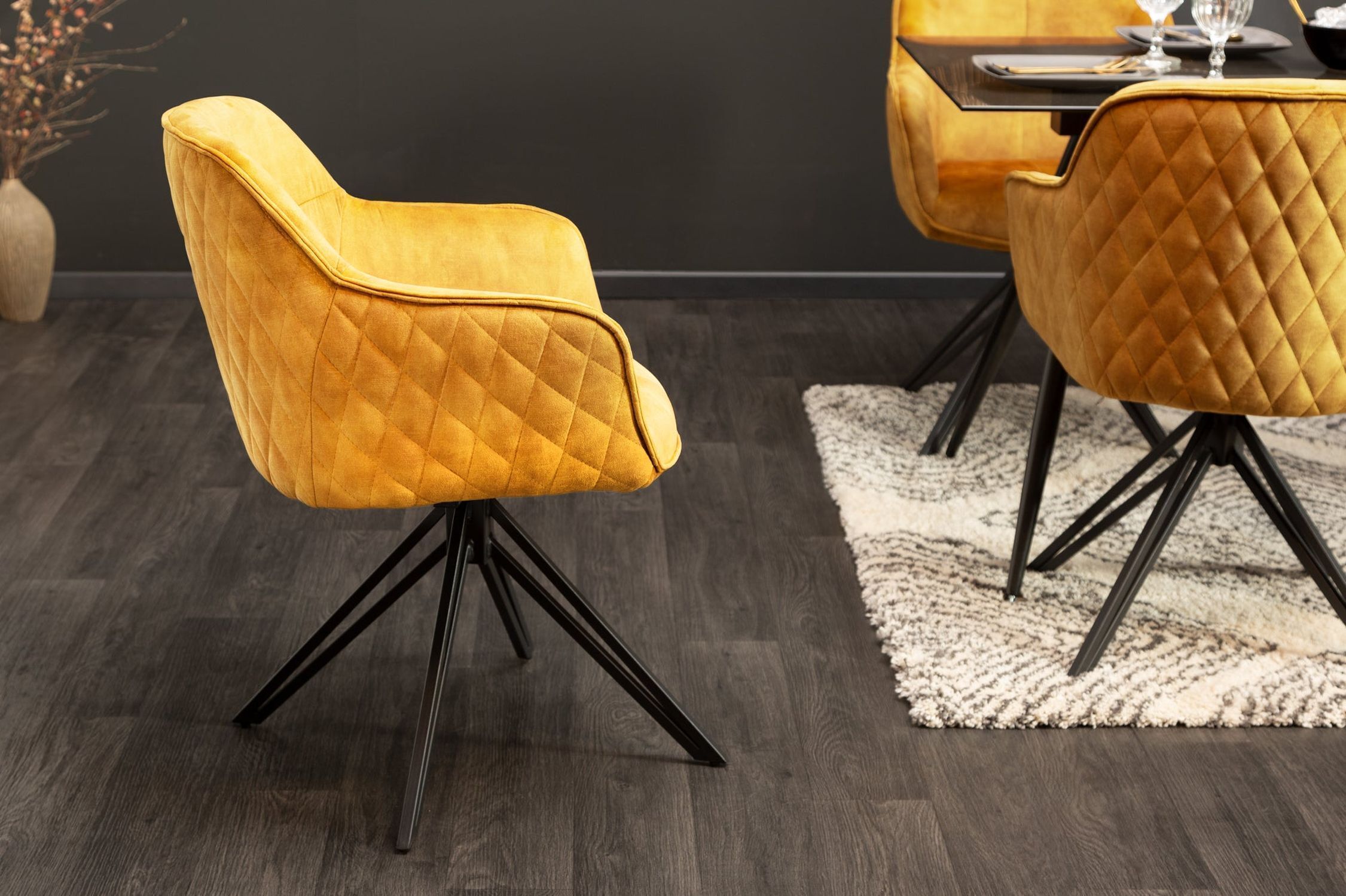 Bürostuhl drehbar in Gelb Schwarz ohne Rollen Samt Metall