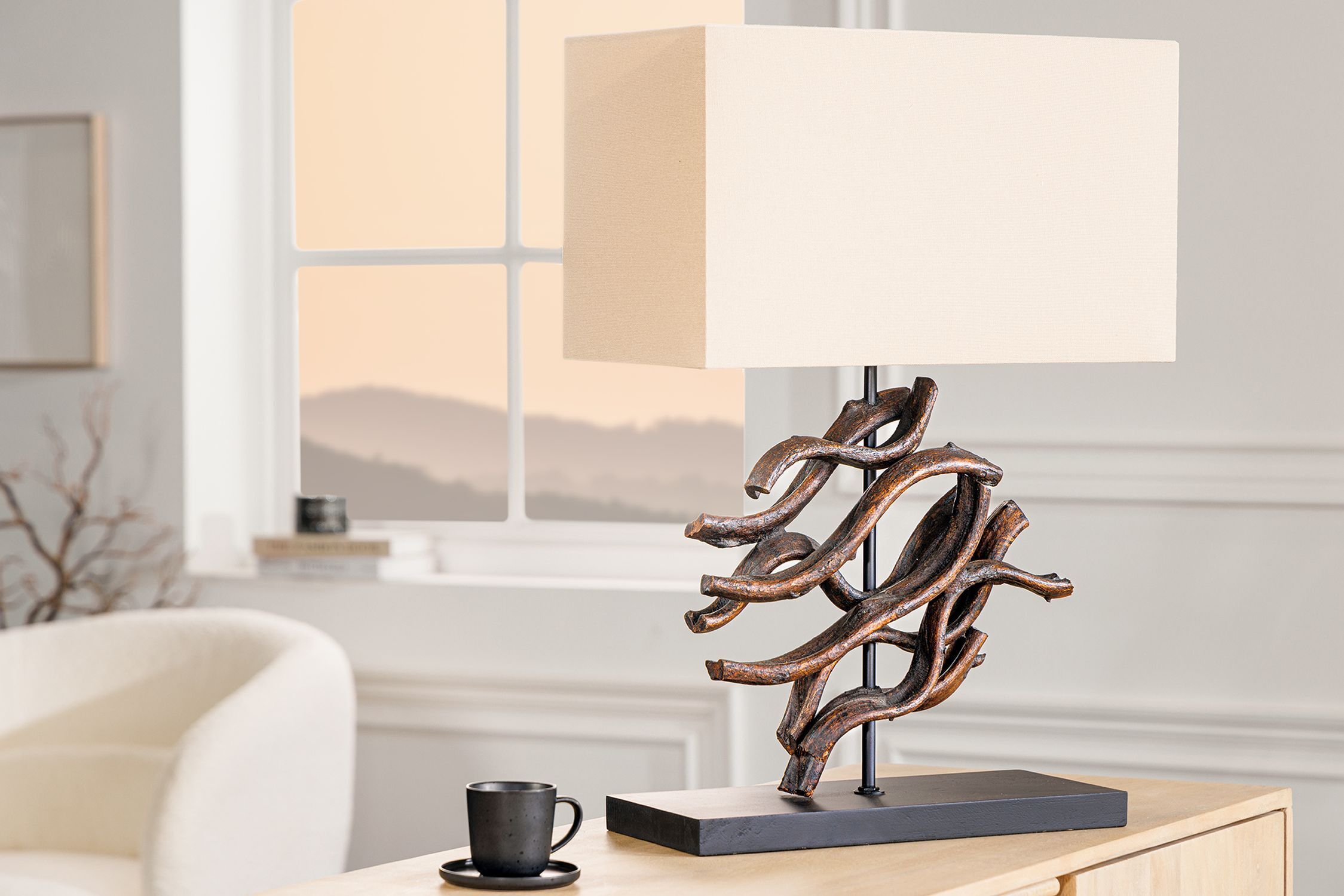 Lampe de table bois tissu caoutchouc 57 cm E27 anti-éblouissement Lampe, Tischlampe, Tasse