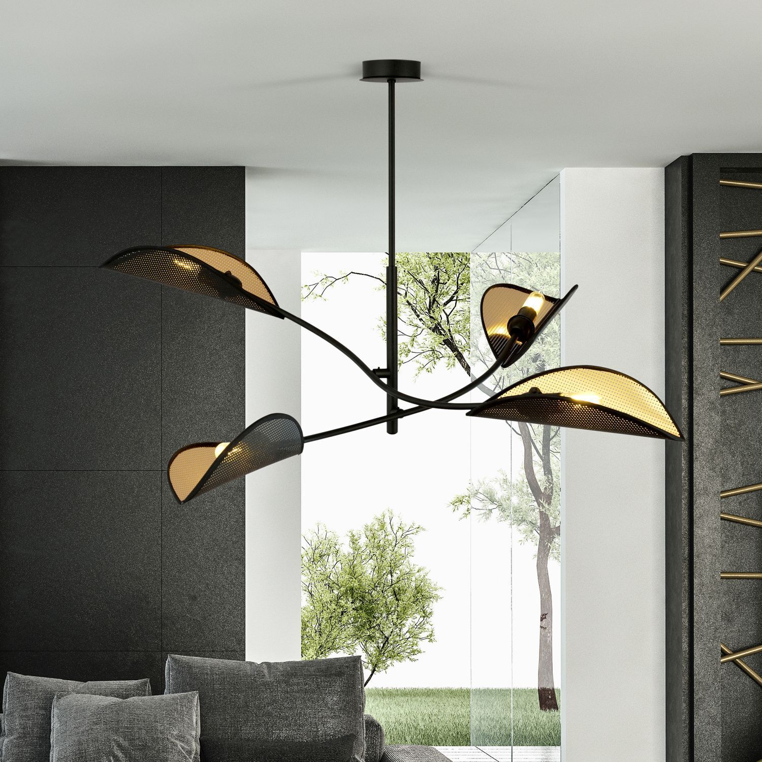 deckenleuchte-wohnzimmerlampe-modern-deckenleuchte-gold-becka-4x-e14-bis-10w-schwarz-gold-modern-design-le111095-06 hängelampe, innenbeleuchtung, moderner Kronleuchter, schwarz, perforierter schirm