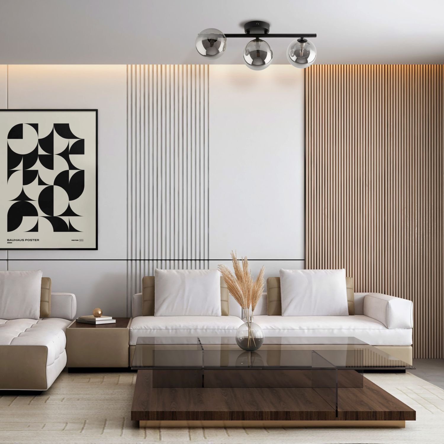 Deckenlampe 3-flammig 47 cm lang Schwarz Grau G9 Rauchglas Drinnen, Innenarchitektur, Inneneinrichtung, Wohnzimmer, Holzpaneele