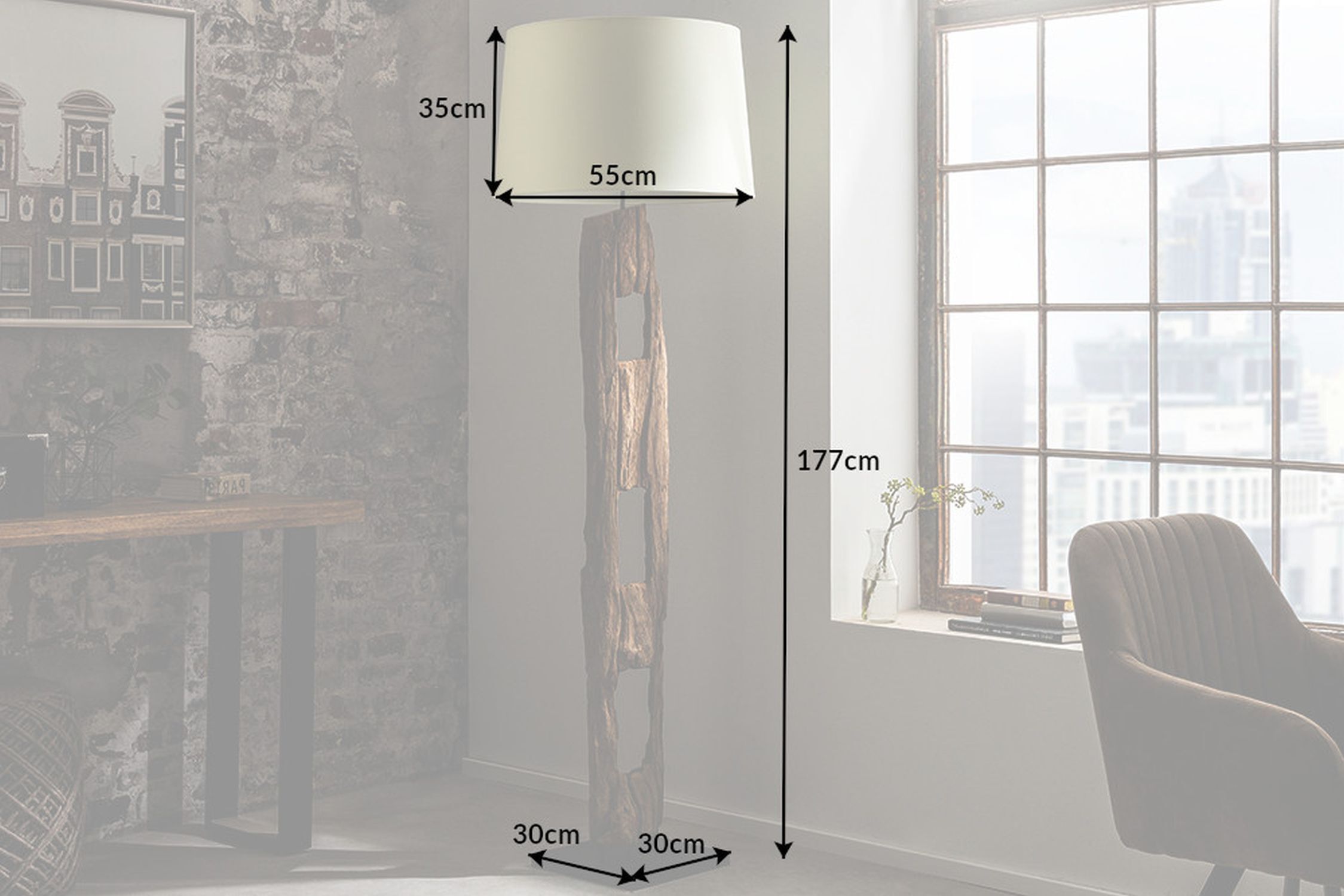 Stehlampe, Lampenschirm, Holzstamm, Wohnzimmer, Dekoration