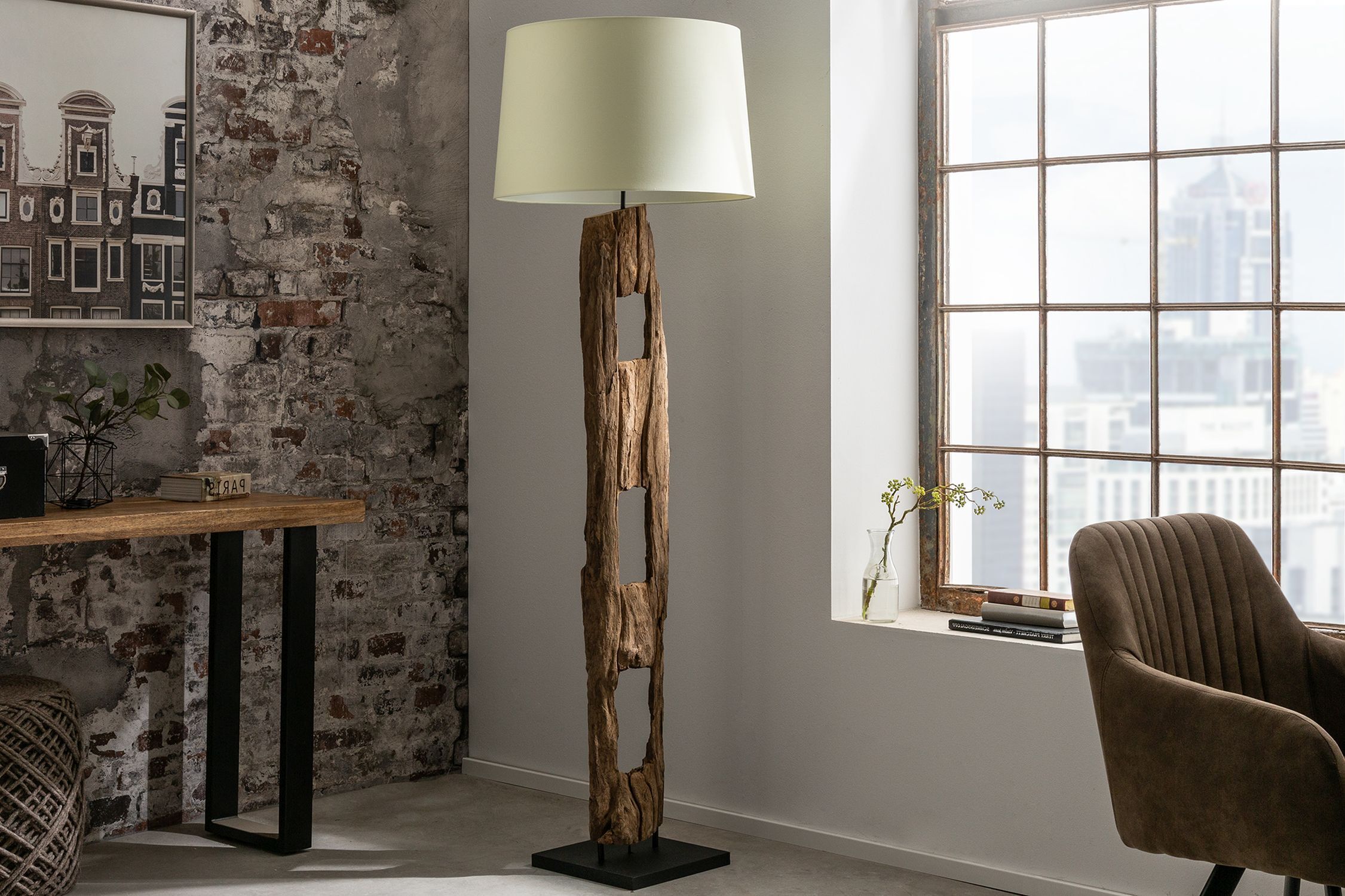 Lampadaire bois tissu blanc faible éblouissement 177 cm E27 Lire