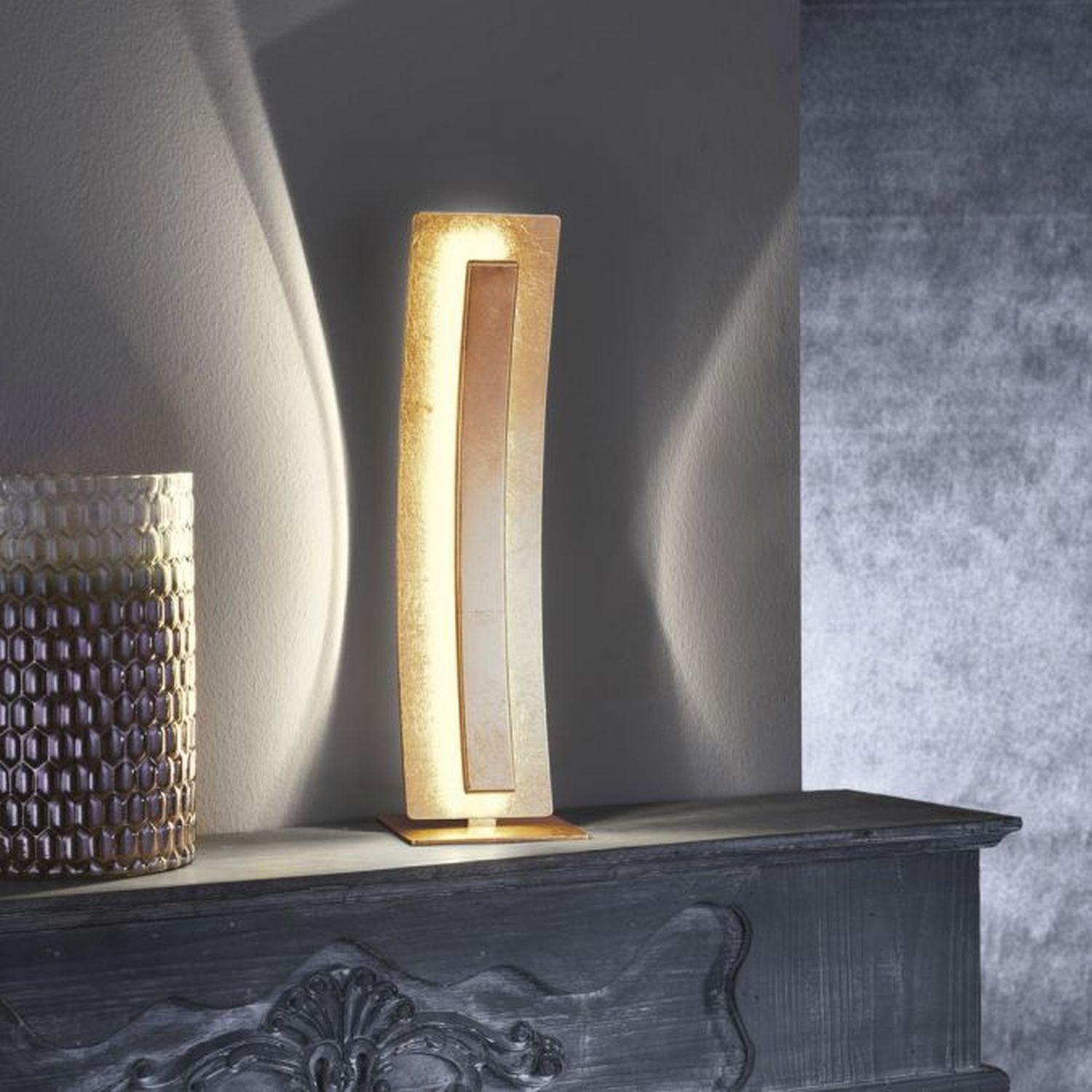 Elegante LED Tischlampe warmweiß 40,5 cm in Blattgold Lampe, Text