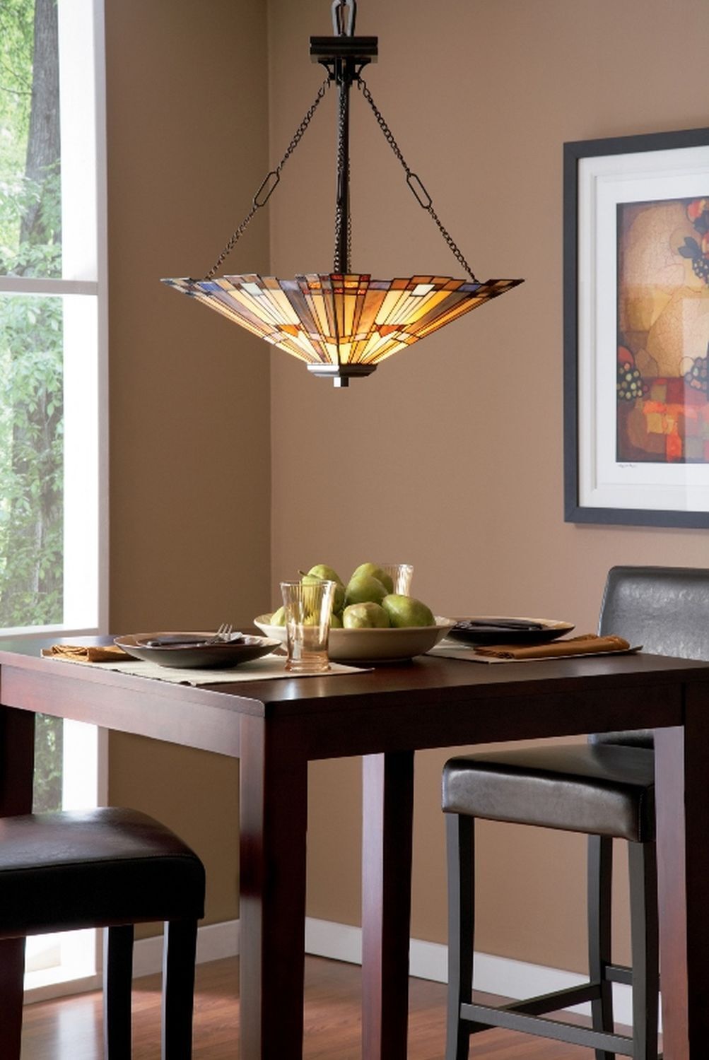 Elegante Tiffany Pendelleuchte Buntglas kürzbar Esszimmer, Esstisch, Mobiliar, Tabelle, Lampe