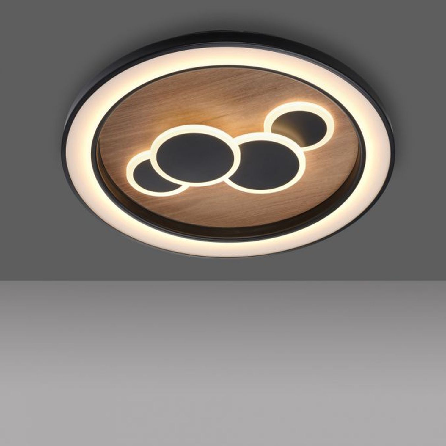 LED Deckenlampe rund Holz Schwarz Serienschalter 3000 K Deckenleuchte