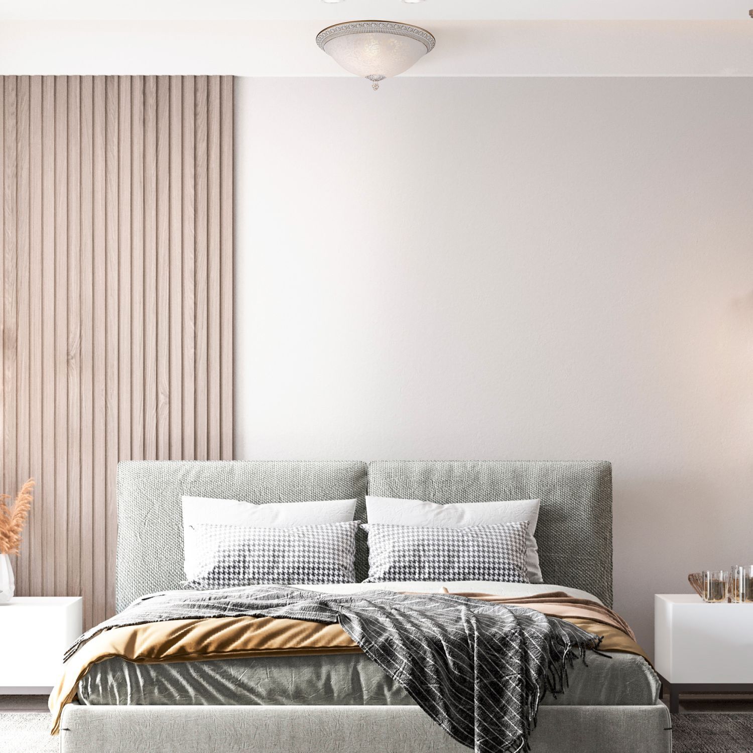 Deckenlampe Metall Glas E27 rund D: 35 cm 3-flammig Drinnen, Innenarchitektur, Paneele aus Holz, Dekoration für Zuhause, Kissen