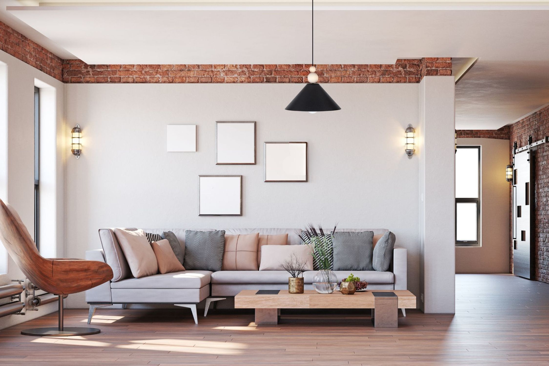Schwarze Hängeleuchte Holz Metall Ø26 cm E27 gemütlich Wohnzimmer, Sofa, Braun, Holzboden, Wanddeko