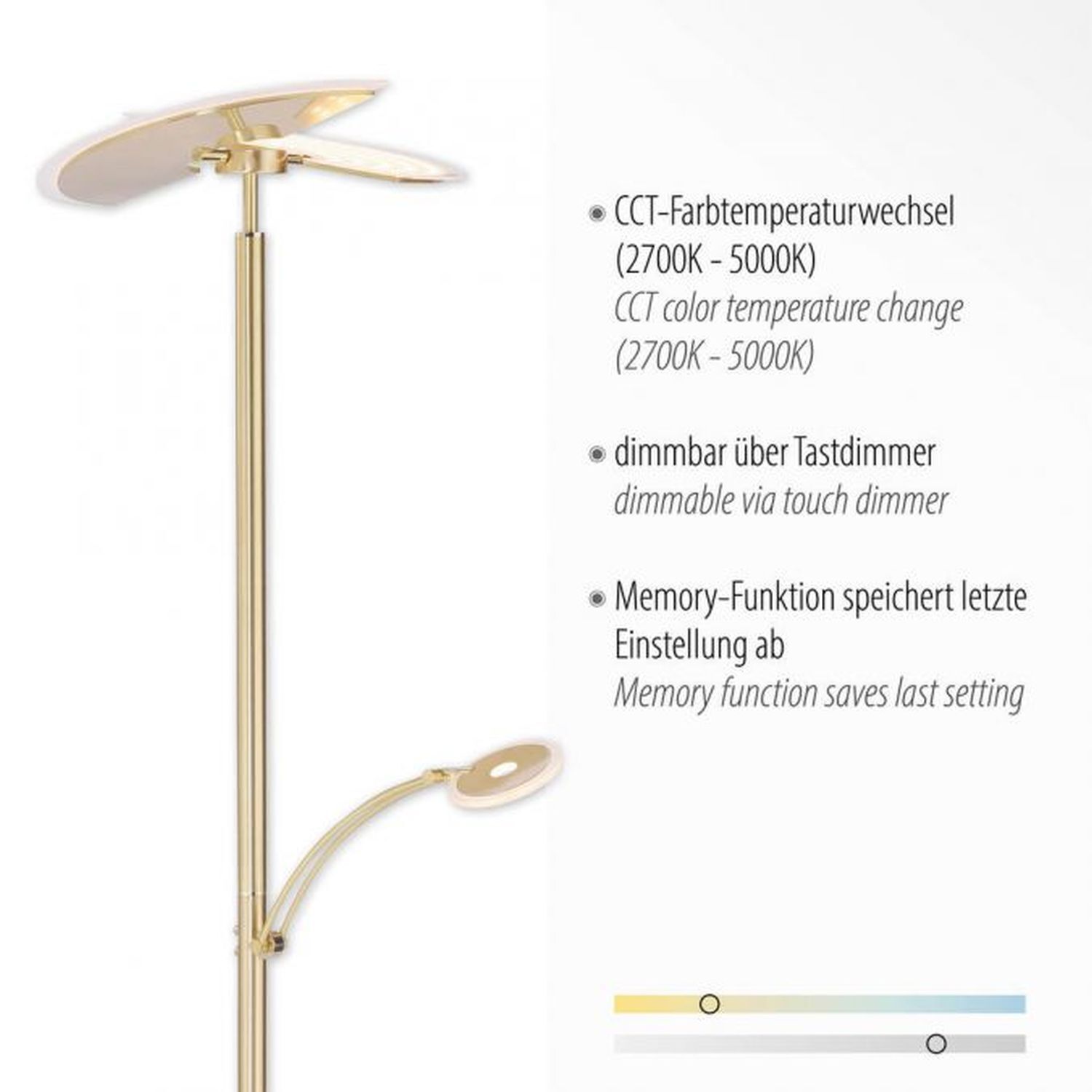 LED Stehlampe Leselicht in Messing Glas 200 cm dimmbar Badezimmer, Drinnen, Zimmer, Duscharmatur, Lampe
