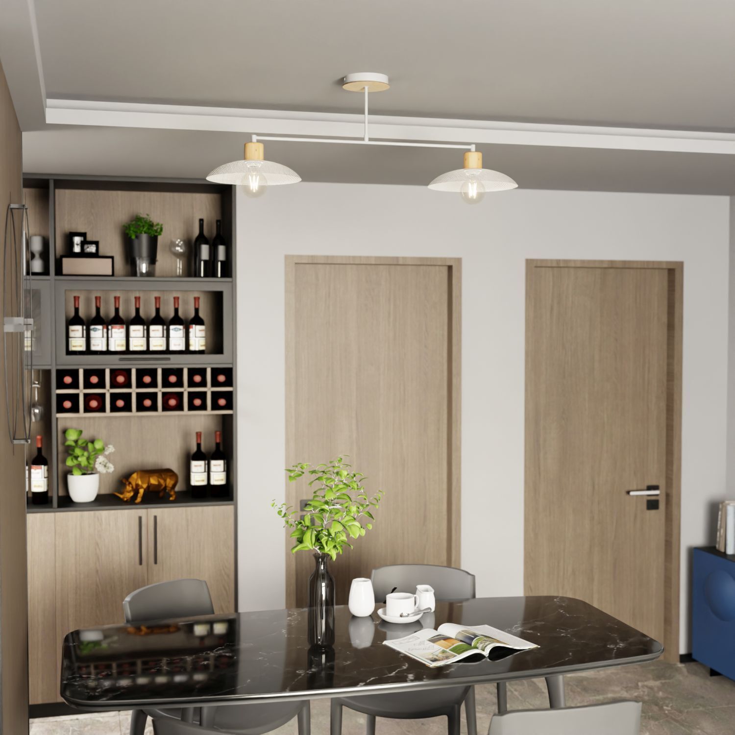 Deckenleuchte Metall 100 cm lang E27 2-flammig Weiß Holzoptik Drinnen, Innenarchitektur, Esszimmer, Esstisch, Tisch