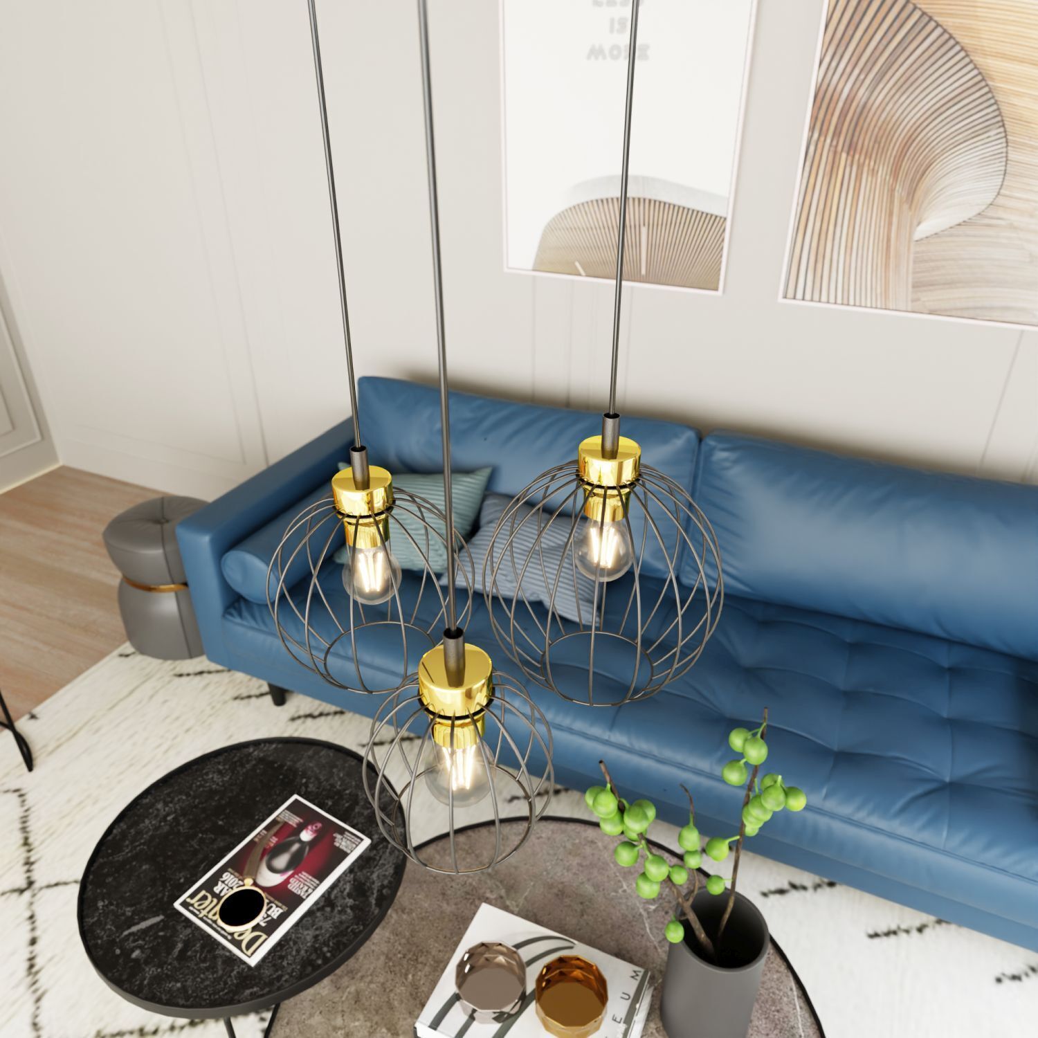 Runde Pendelleuchte Schwarz Gold 3-flammig E27 elegant Hängelampe, Metallkugel, Girlandenlampe, Goldfarben, Wohnzimmer