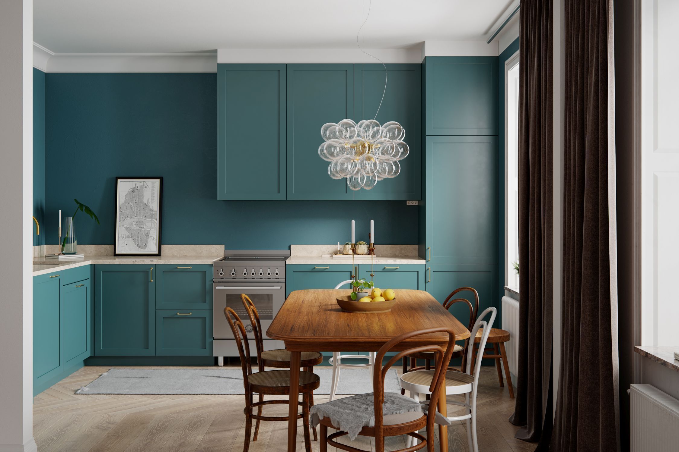 Hängelampe Glas Metall B: 50 cm H: max. 120 cm in Gold Speisesaal, Esstisch, Drinnen, Tabelle, Innenarchitektur