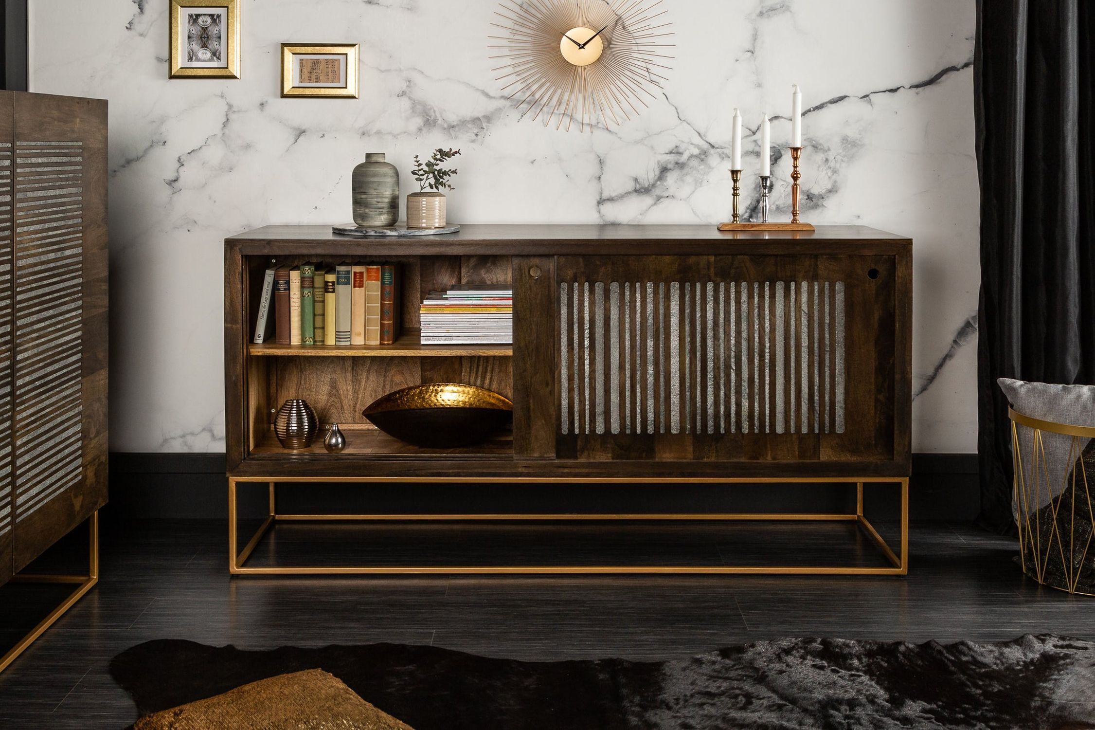 TV Lowboard bois de manguier agate métal 160 x 86 cm porte coulissante
