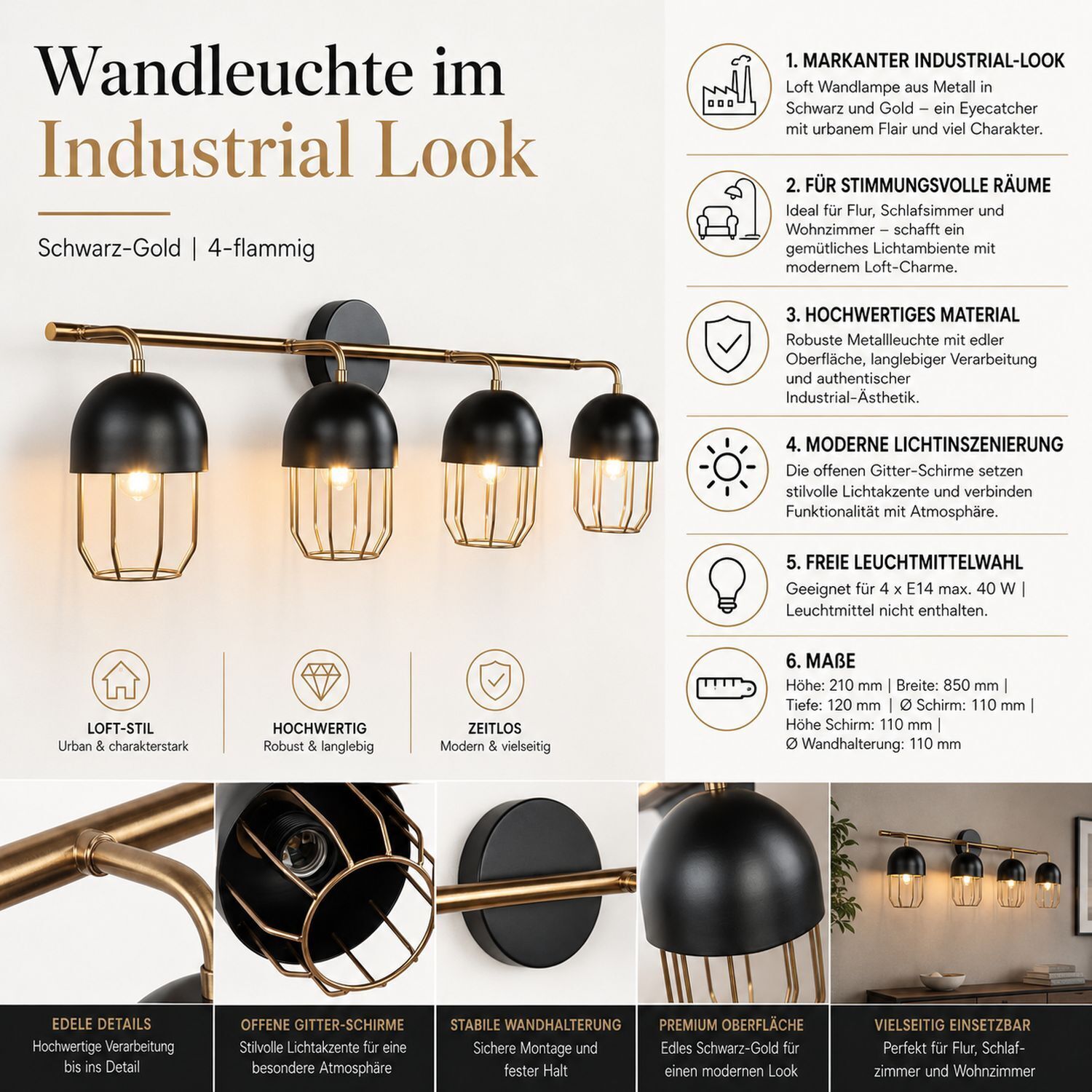 Wandlampe Schwarz Gold groß 4x E14 Metall Loft Design industrial, Beleuchtung, Wandleuchte, schwarz-gold, vierflammig