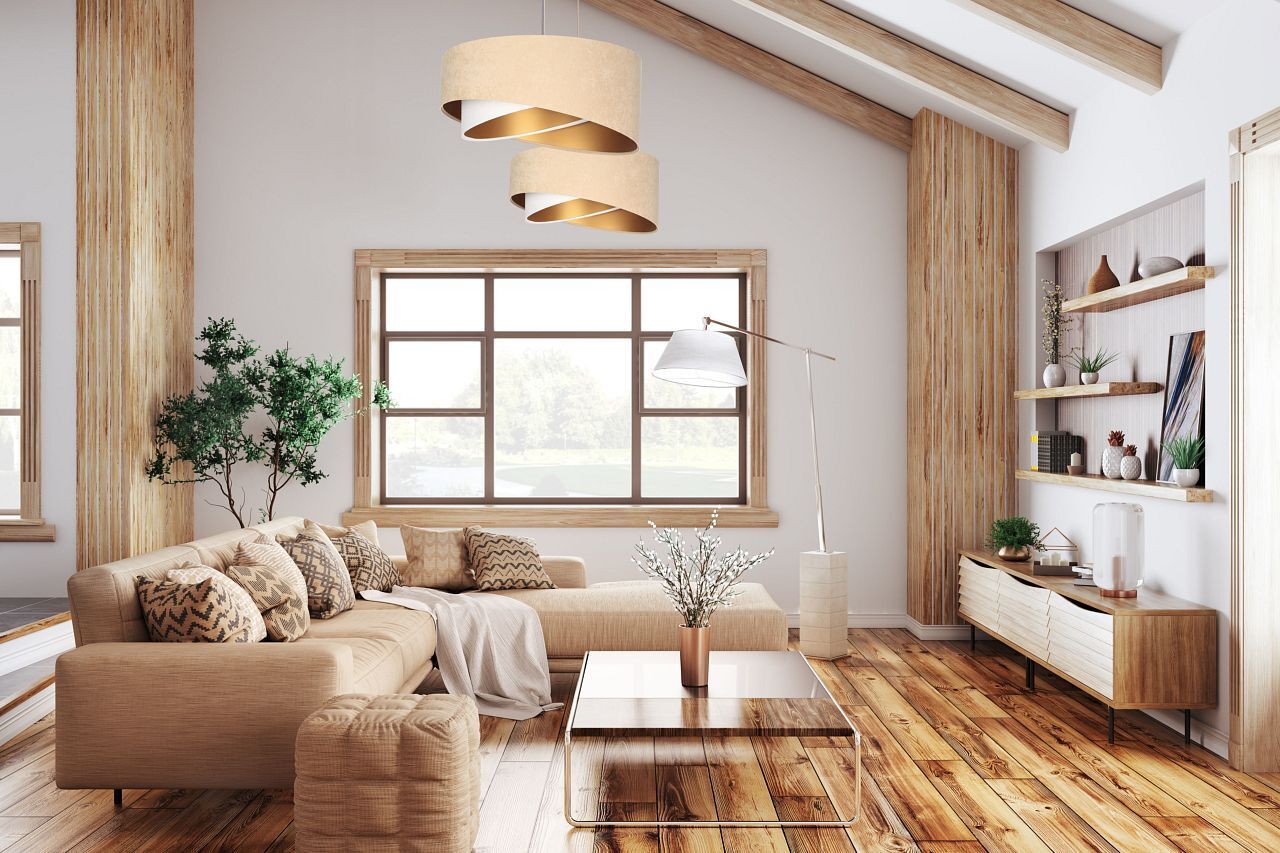 Suspension Tissu Beige Or E27 rond Ø 50 cm Aspect velours