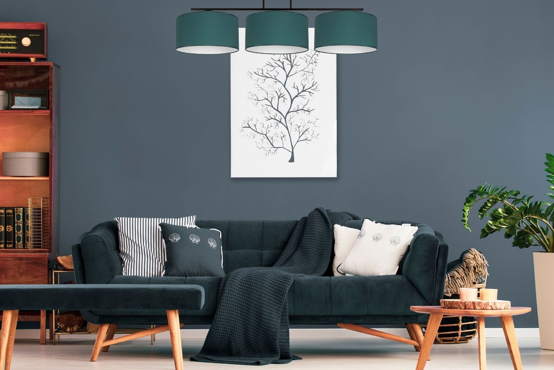 Blendarme Deckenlampe Stoff Grün Weiß E27 3-flammig sofa, wohnzimmer, couch, pflanze, kunstprint
