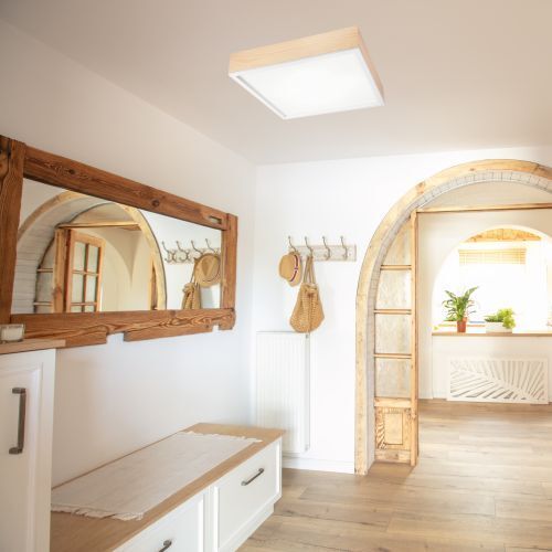 Blendarme Deckenleuchte Glas Holz Pinie E27 L:48 cm Drinnen, Innenarchitektur, Holz