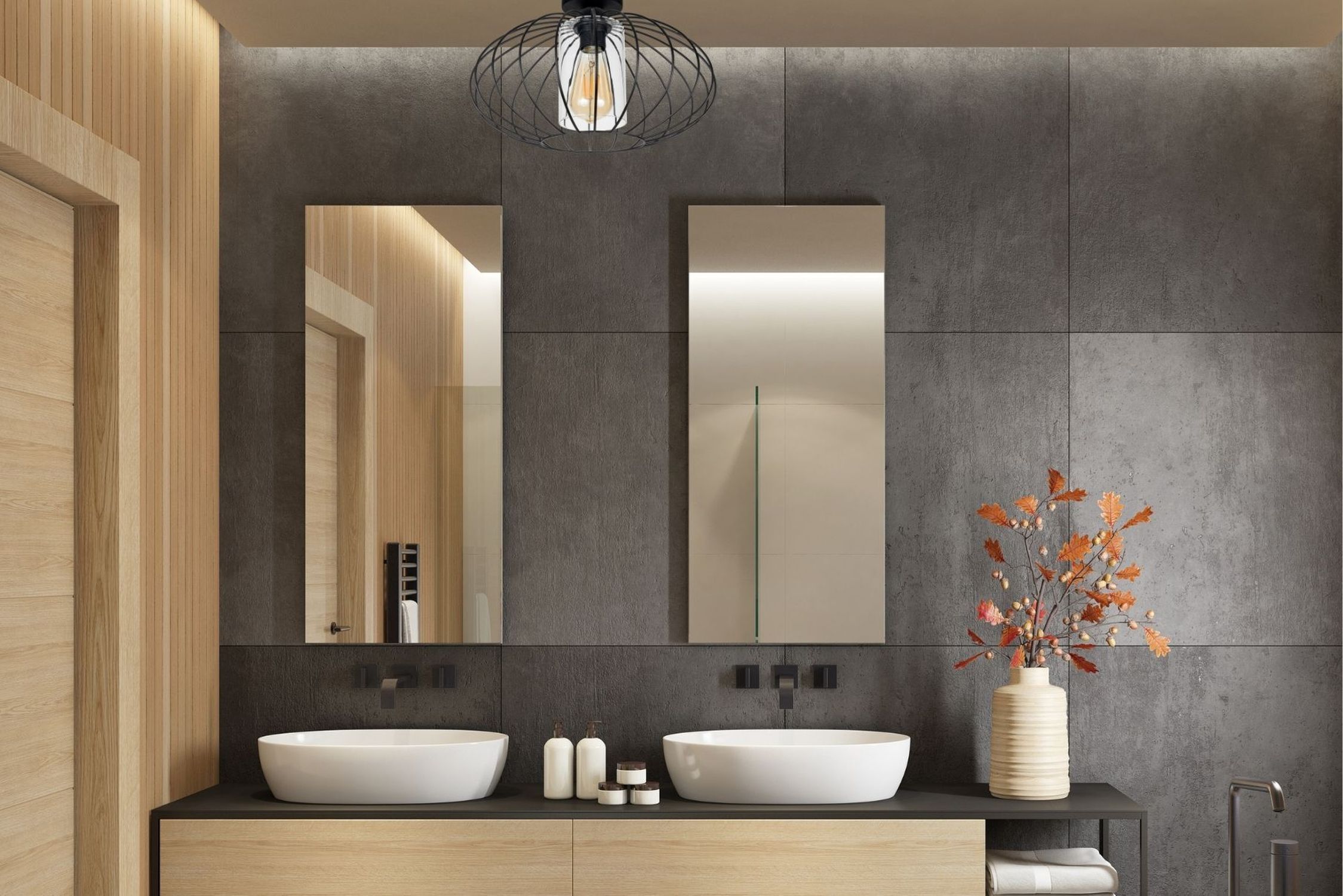 Deckenlampe Metall E27 rund Ø34 cm Schwarz Retro Design Badezimmer, Doppelte Spüle, Vasenspiegel, dunkle Wand, Holzakzente