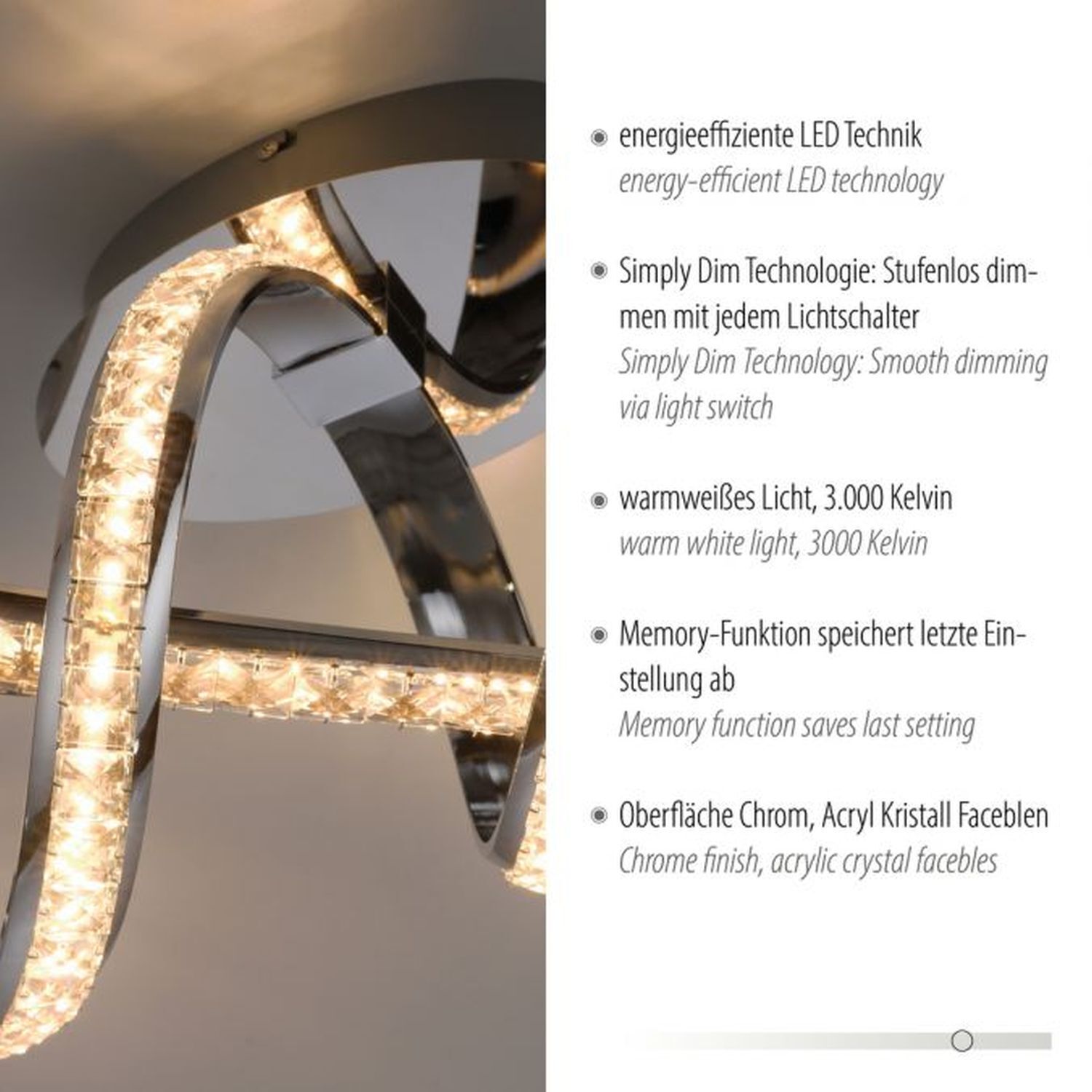 Lampe de plafonnier LED élégante en chrome dimmable 30 W L:65 cm Leuchter, Lampe, Beleuchtung, Leuchte