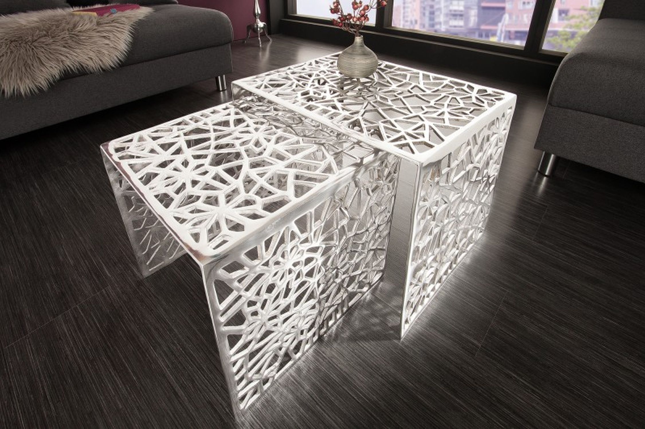 Couchtisch Metall 2er Set in Silber Handarbeit Couchtisch Metall 2er Set in Silber Handarbeit