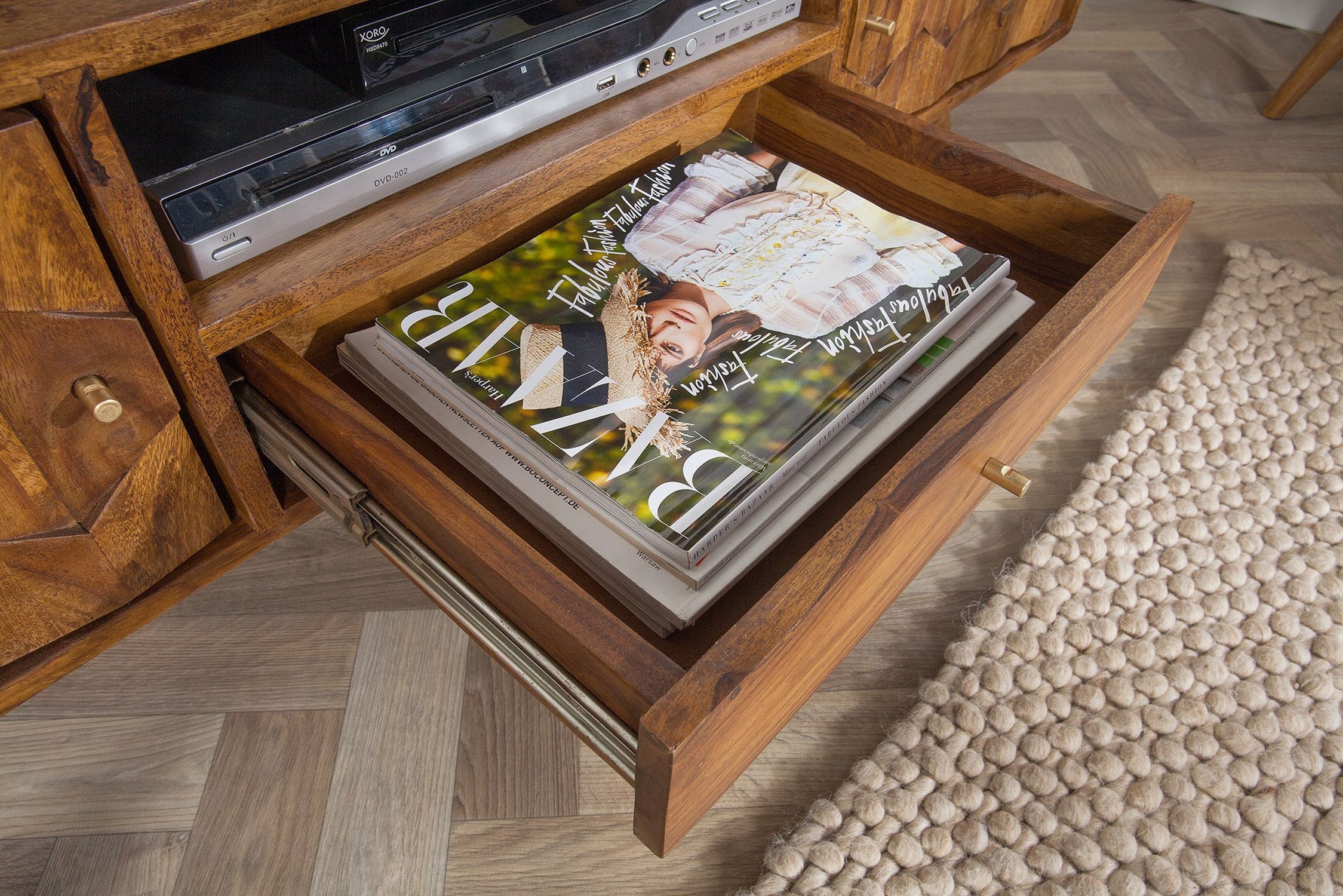 TV Lowboard Golz Sheesham 140 cm breit 3D-Fronten massiv Hartholz, Holz, Gebeiztes Holz, Kaffeetisch, Tabelle