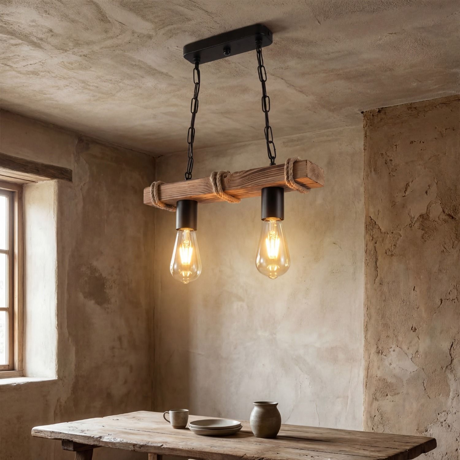 Hängevorrichtung, Pendel-Lampe, Holz-Lampe, Befestigungskette, Rustikale Beleuchtung